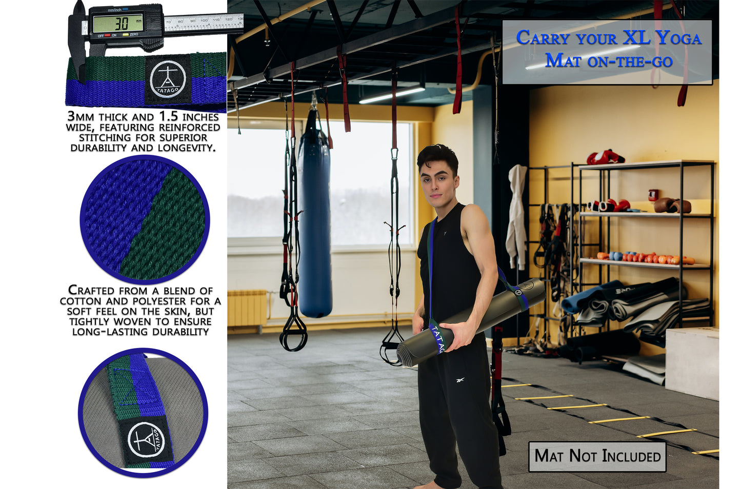 Person holding a yoga mat and strap with text and images about mat thickness and features.