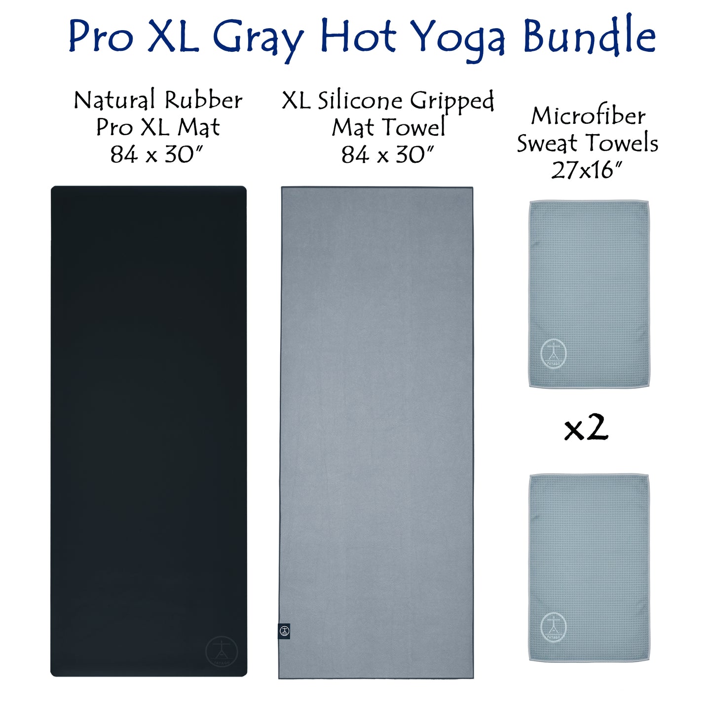 Yoga bundle with Pro XL mat, silicone gripped mat towel, and microfiber sweat towels on a white background.