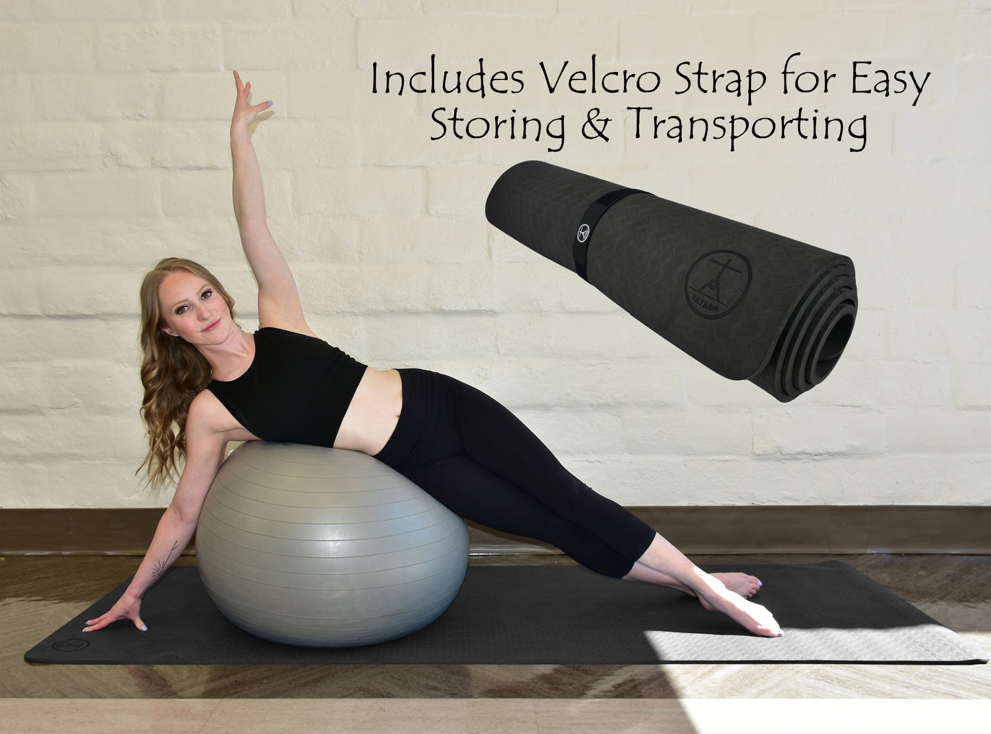 Giant thick yoga mat big with yoga strap for easy transport.