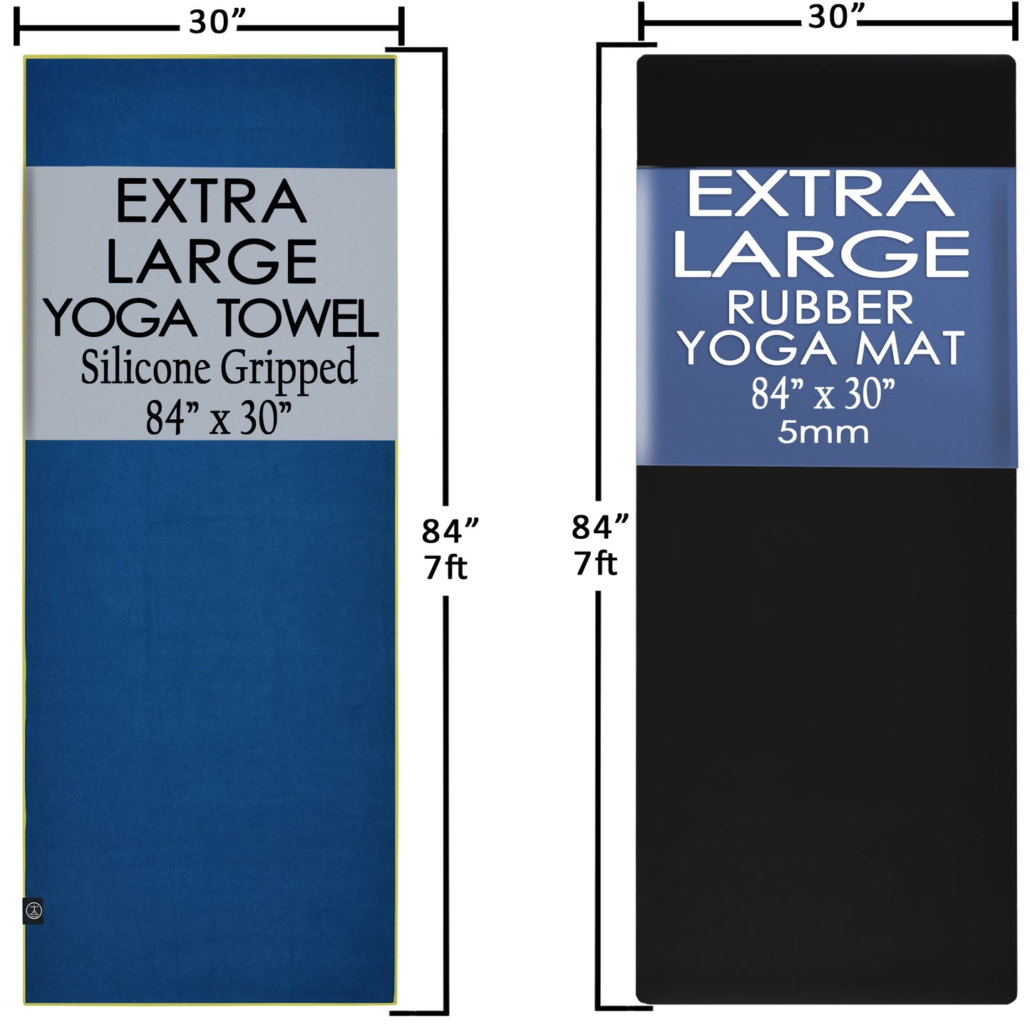 Extra large yoga mat and hot yoga towel size chart showing 84x30 dimensions for XL non-slip Pilates and Bikram yoga setups