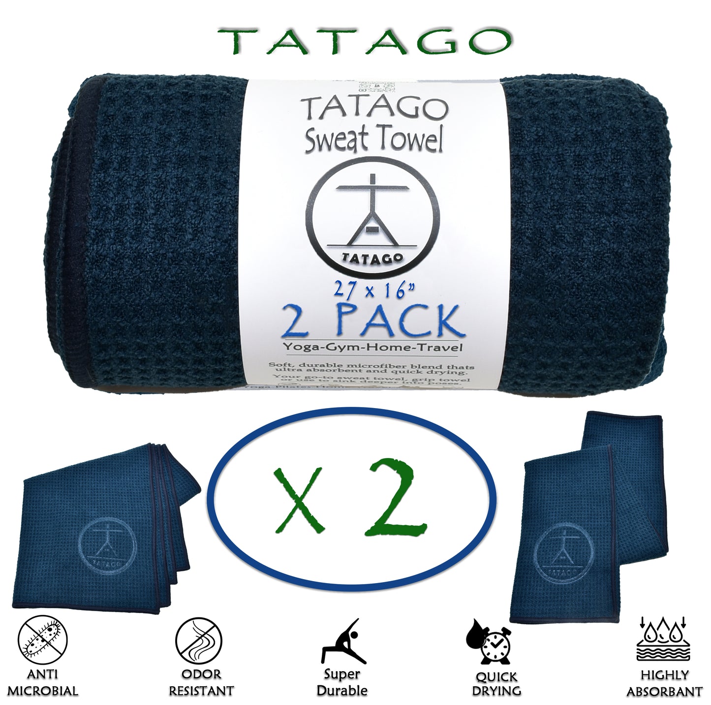 2 pack gym towels by Tatago yoga with callouts super durable, quick drying and highly absorbant