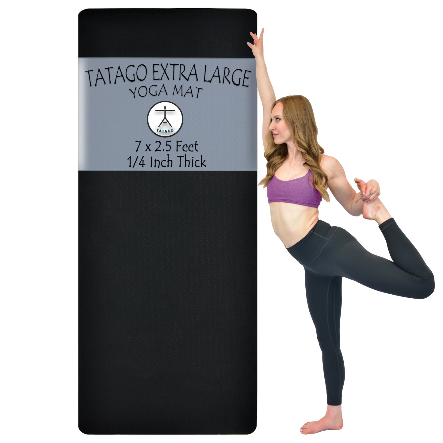 Woman displaying a large yoga mat 84 inches with extra large yoga mat 6mm, 7 feet long