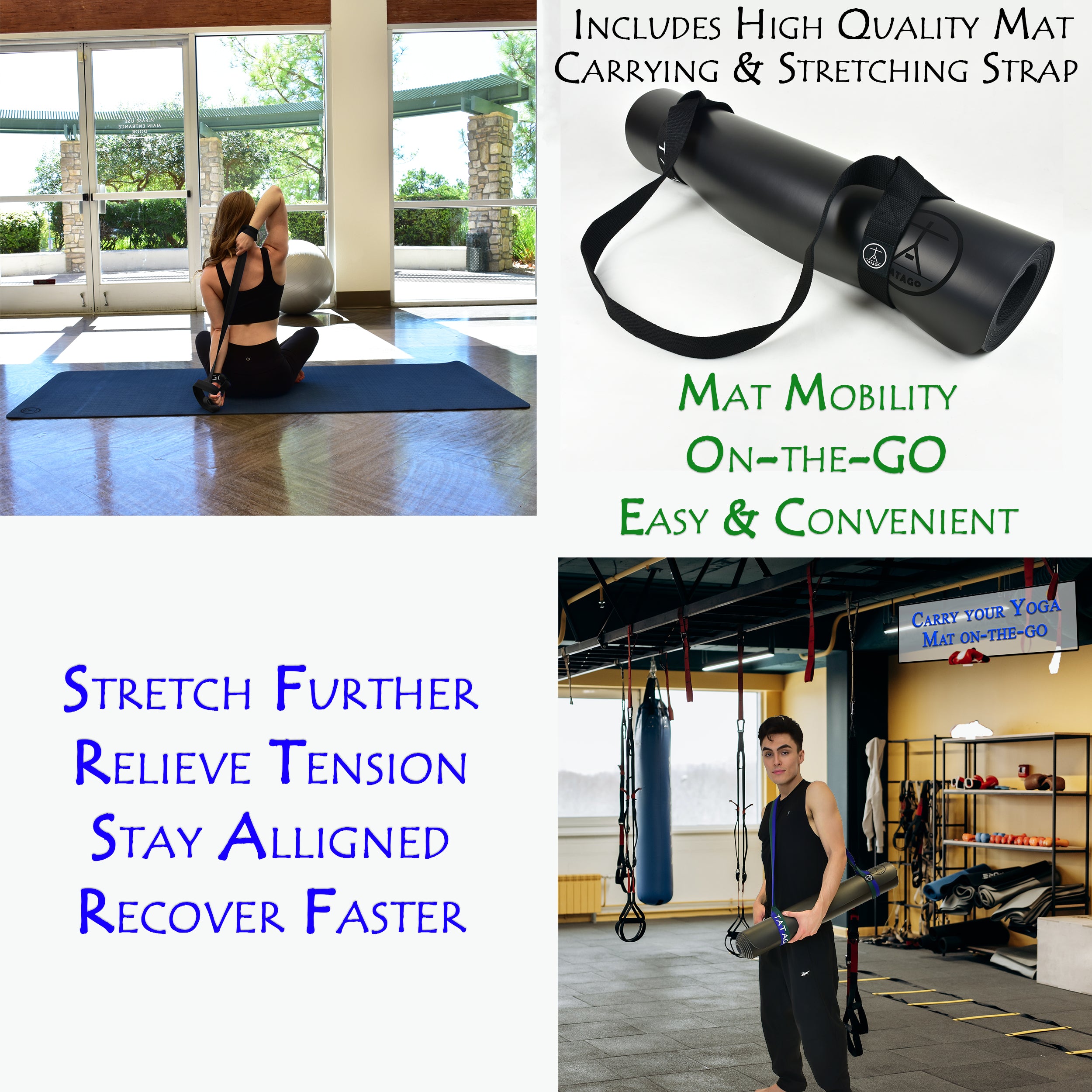 Portable large yoga mat with stretching strap for tall people, ideal for travel, gym, or Pilates workouts.