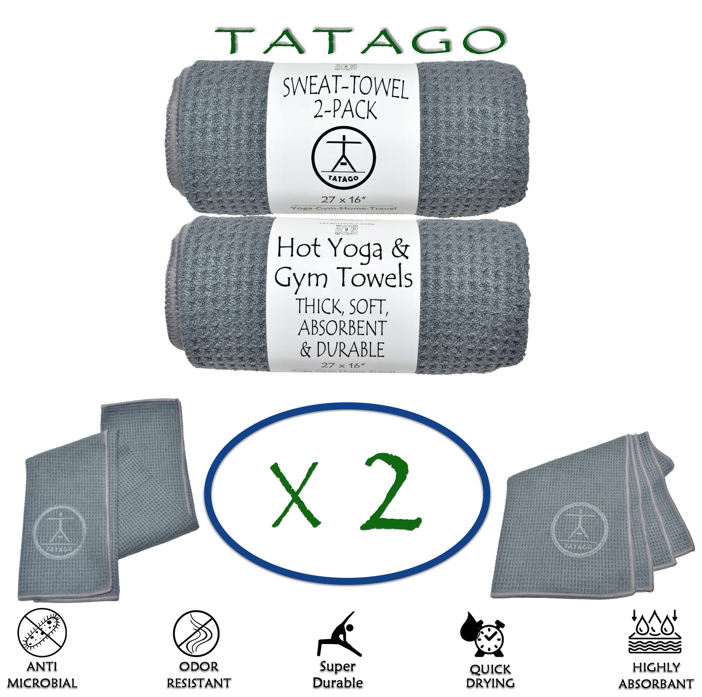 2-pack of workout towels for yoga and gym, thick and soft absorbent and durable. "Storm Gray (2-Pack)"
