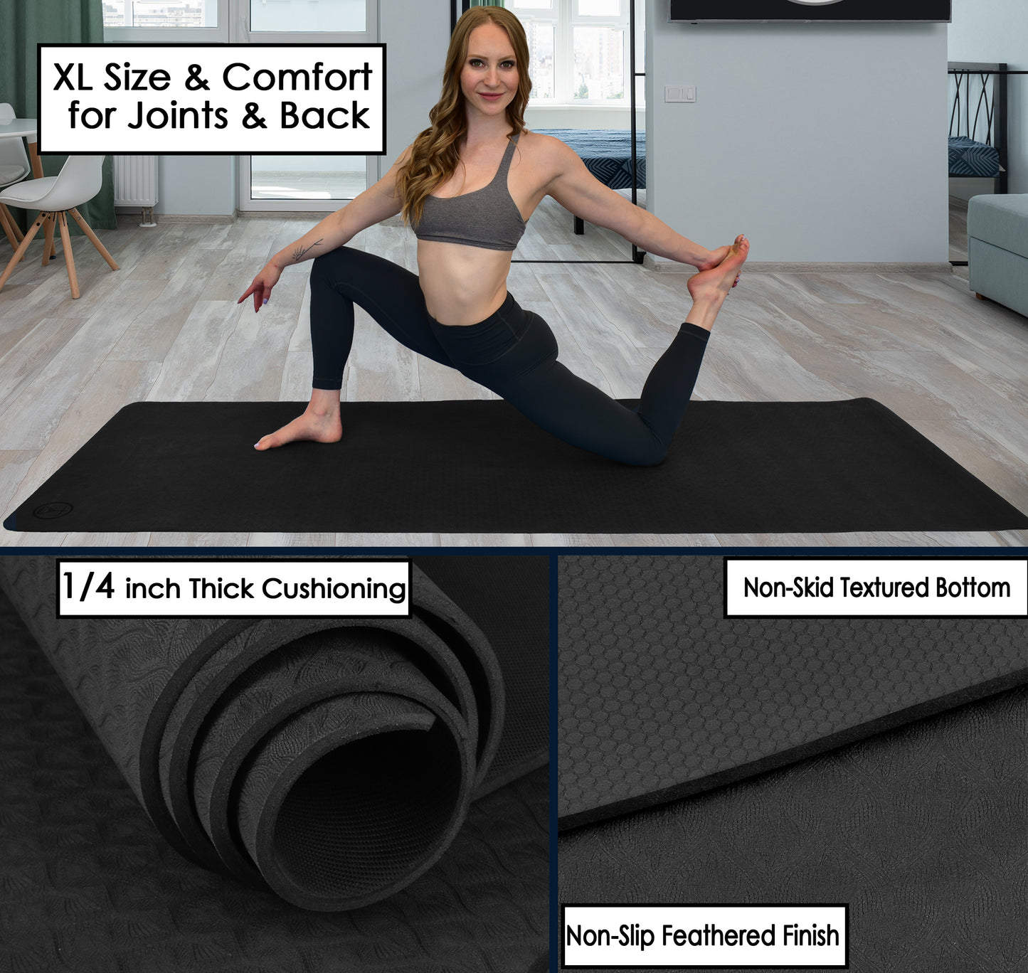 Woman on a thick yoga mat in a home setting with x large yoga mat text and workout mat large for men highlighted.