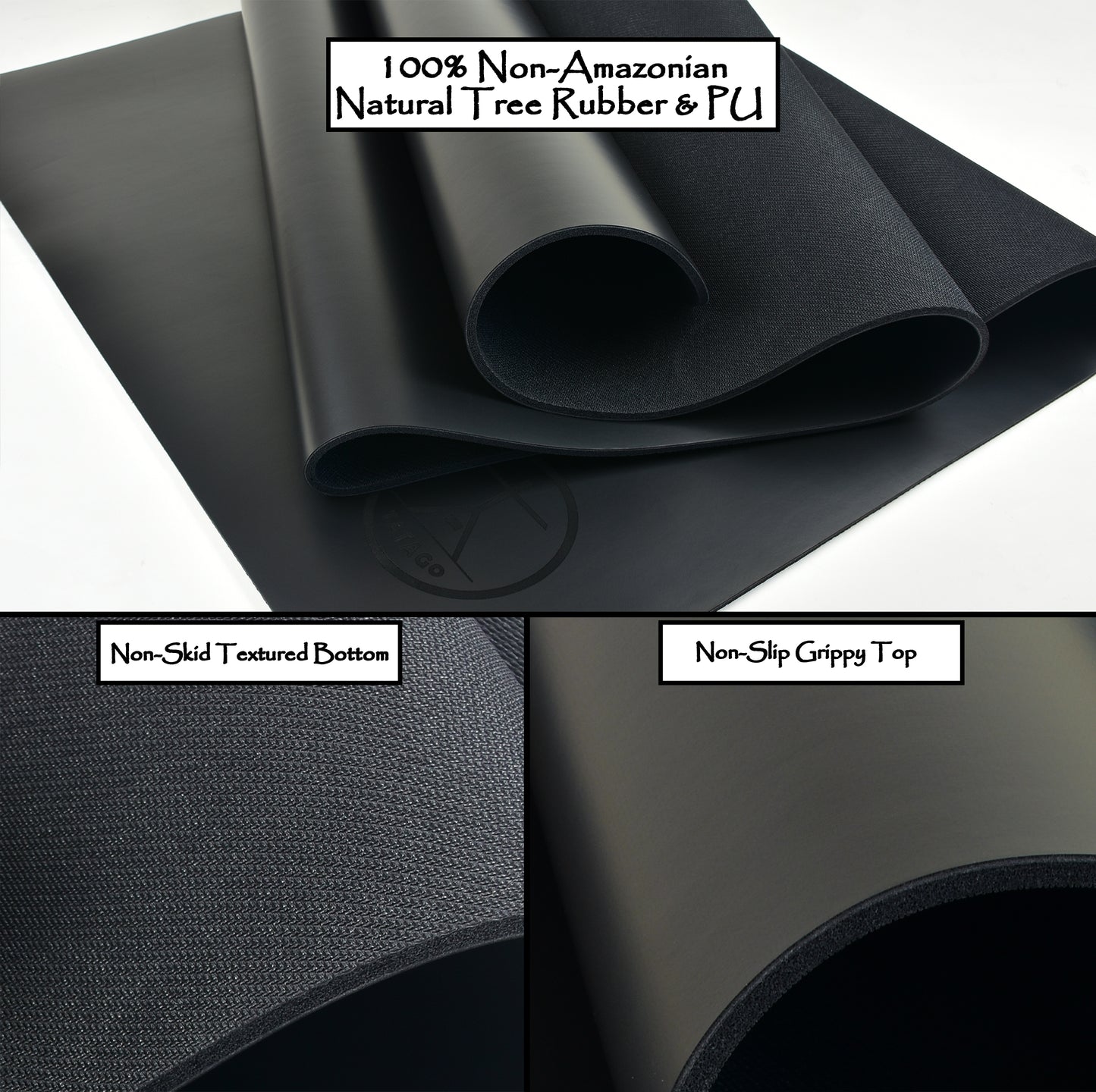 Black yoga mat with non-slip grippy top and non-skid textured bottom, labeled as 100% non-Amazonian natural tree rubber & PU.
