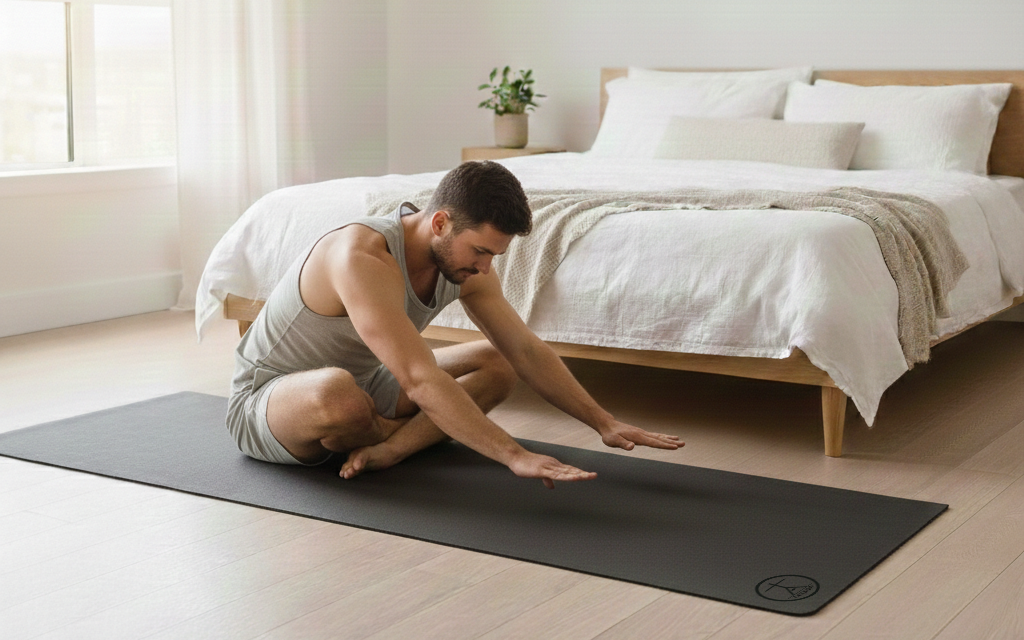 Person stretching on a yoga mat beside a bed in a simple home yoga space