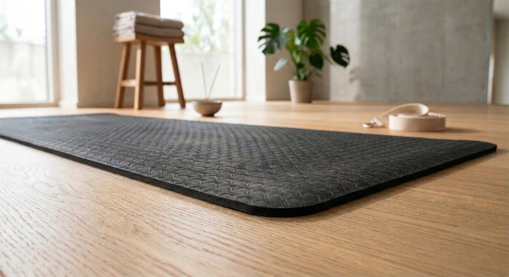 10mm yoga mat thickness laid out on a home floor
