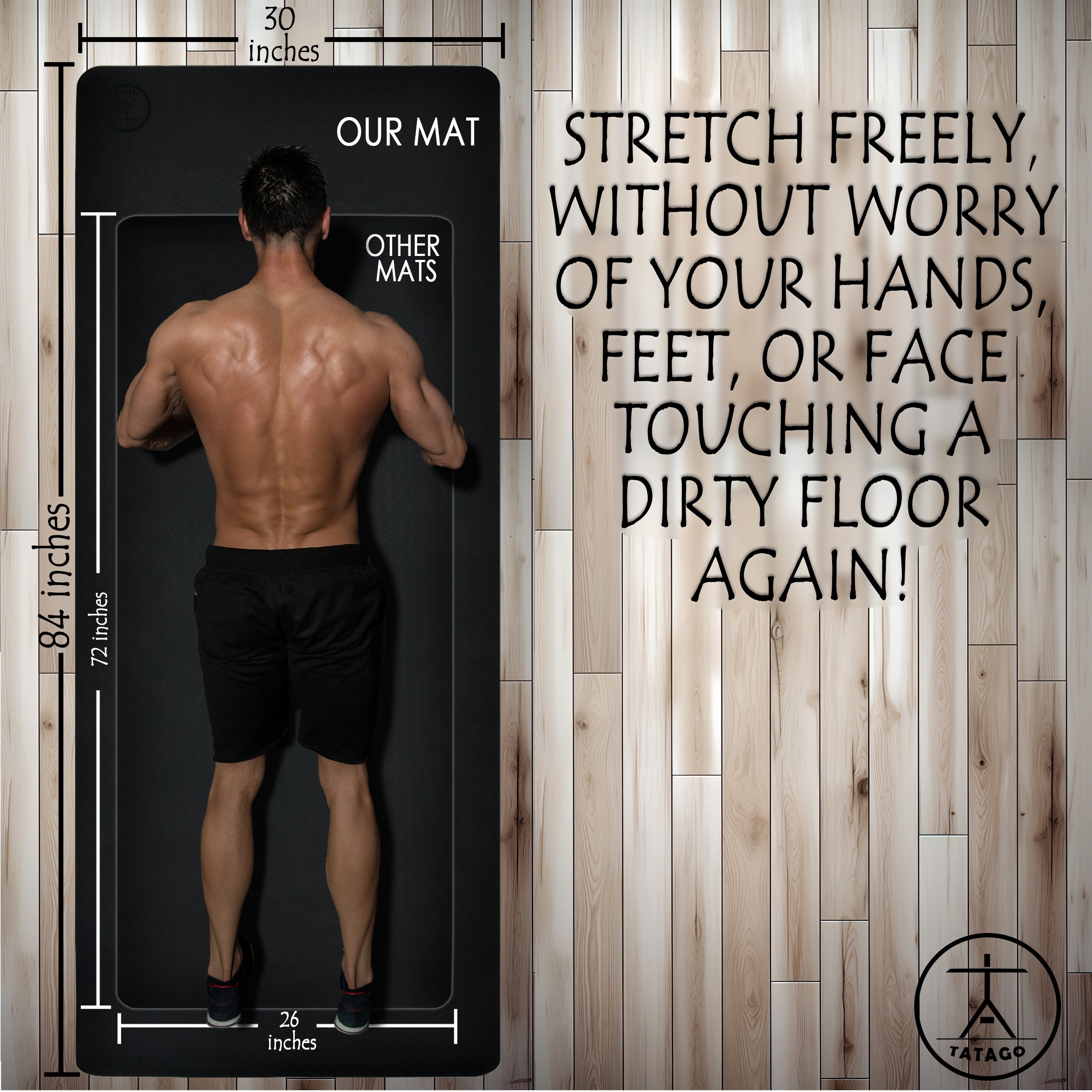 A man on a big yoga mat with good yoga mat thickness, comparing the XL size to a standard 7mm yoga mat,