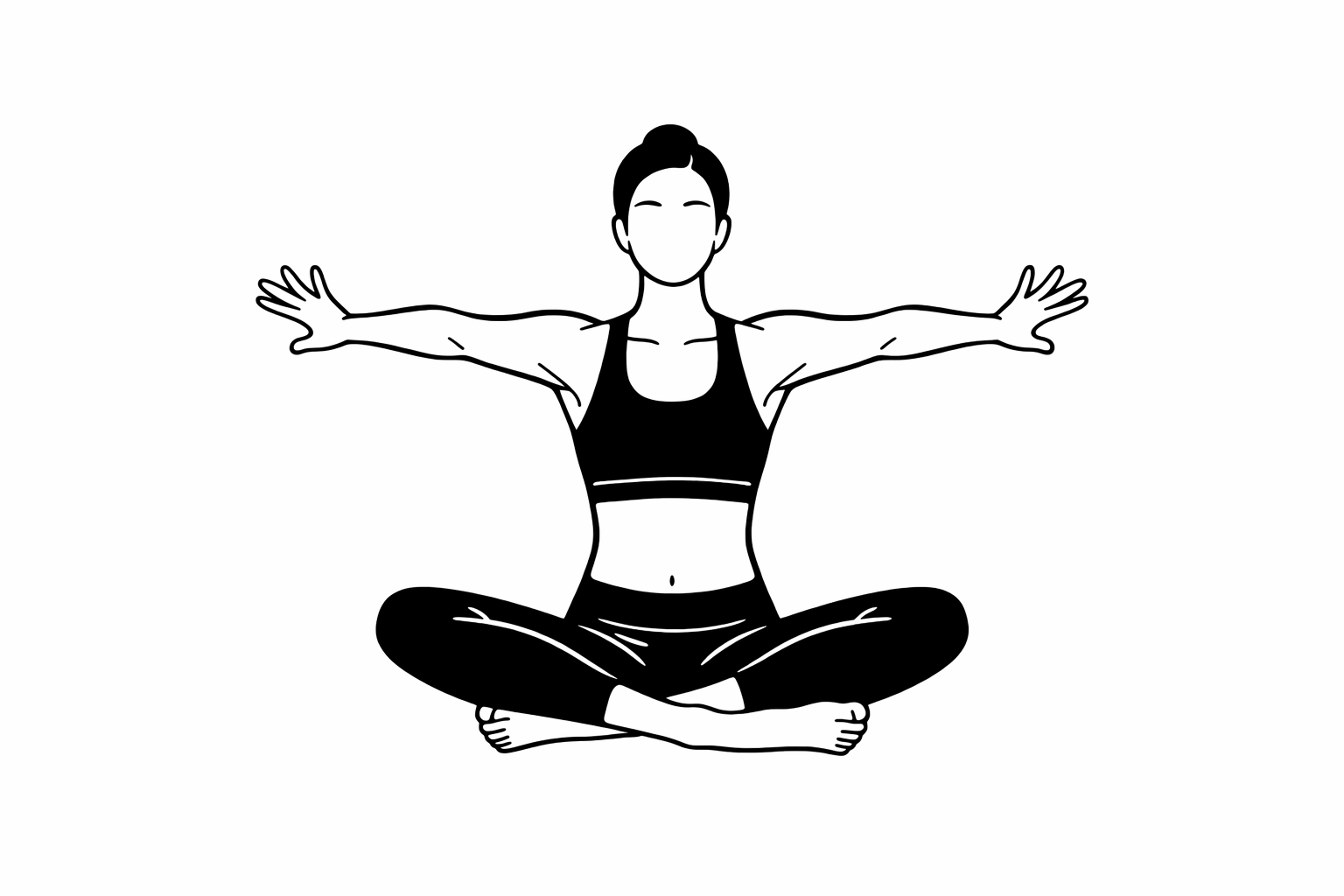 Woman in a seated cross-legged position with arms extended for chest relief.