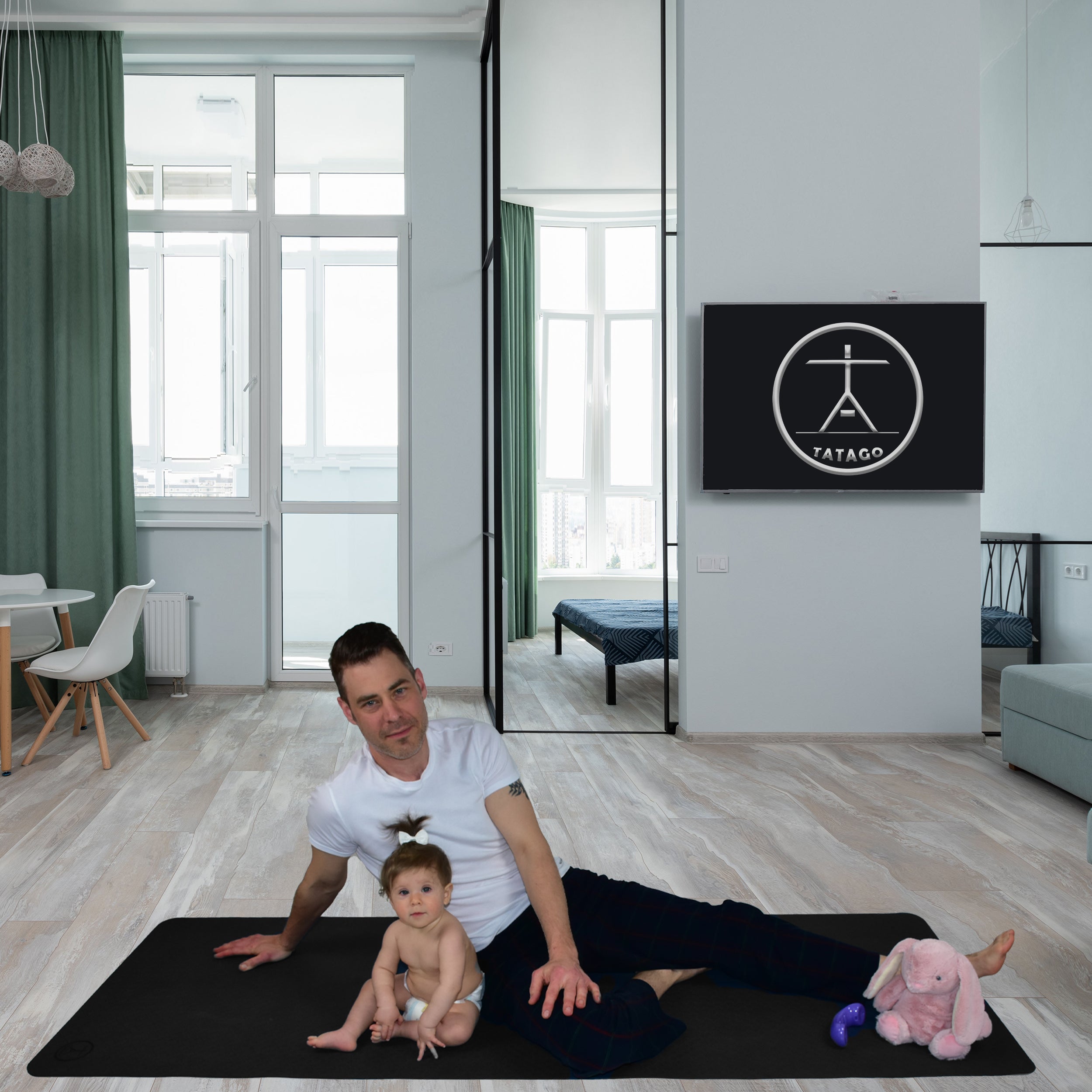 Family using giant yoga mat for playtime plus size exercise mat safe for kids and adults
