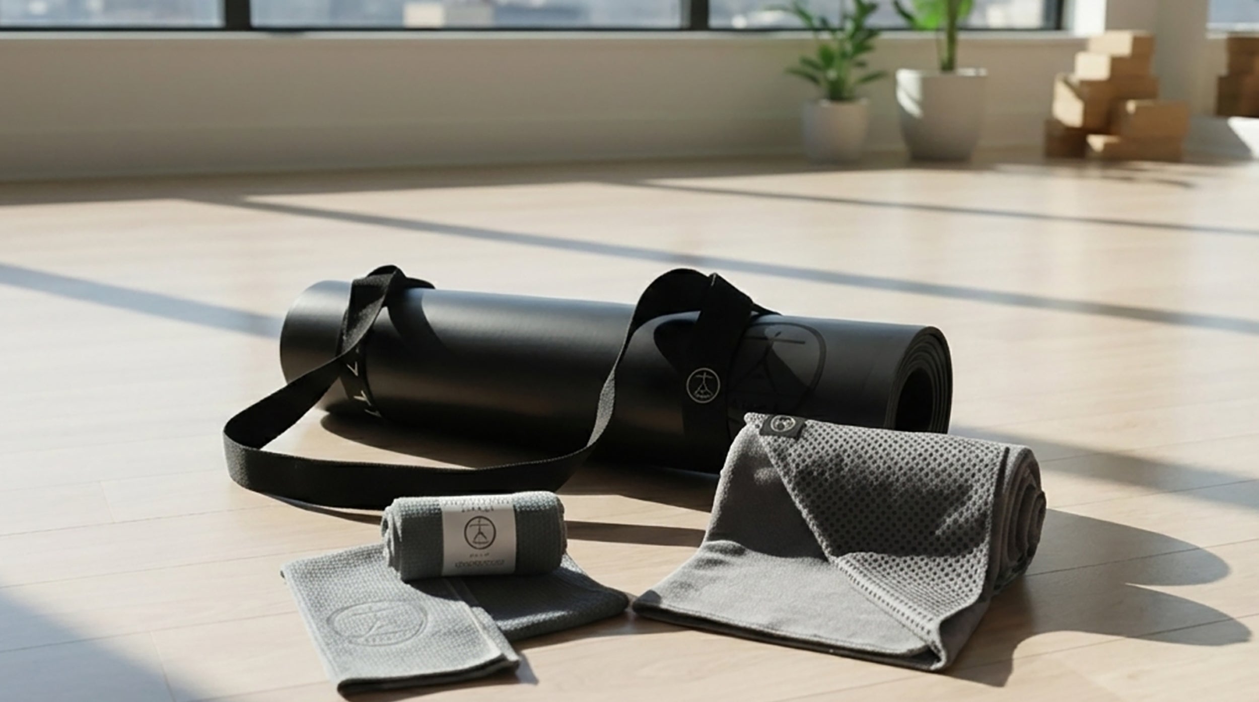 Extra-large yoga mat with yoga towel and yoga mat strap on studio floor