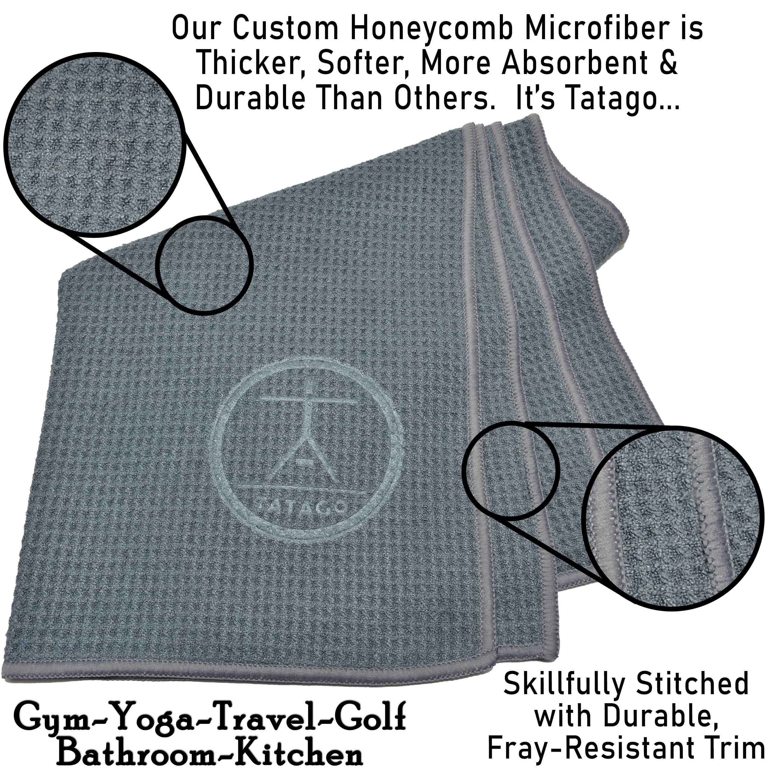 Gray gym towel for sweat with Tatago logo and text highlighting features