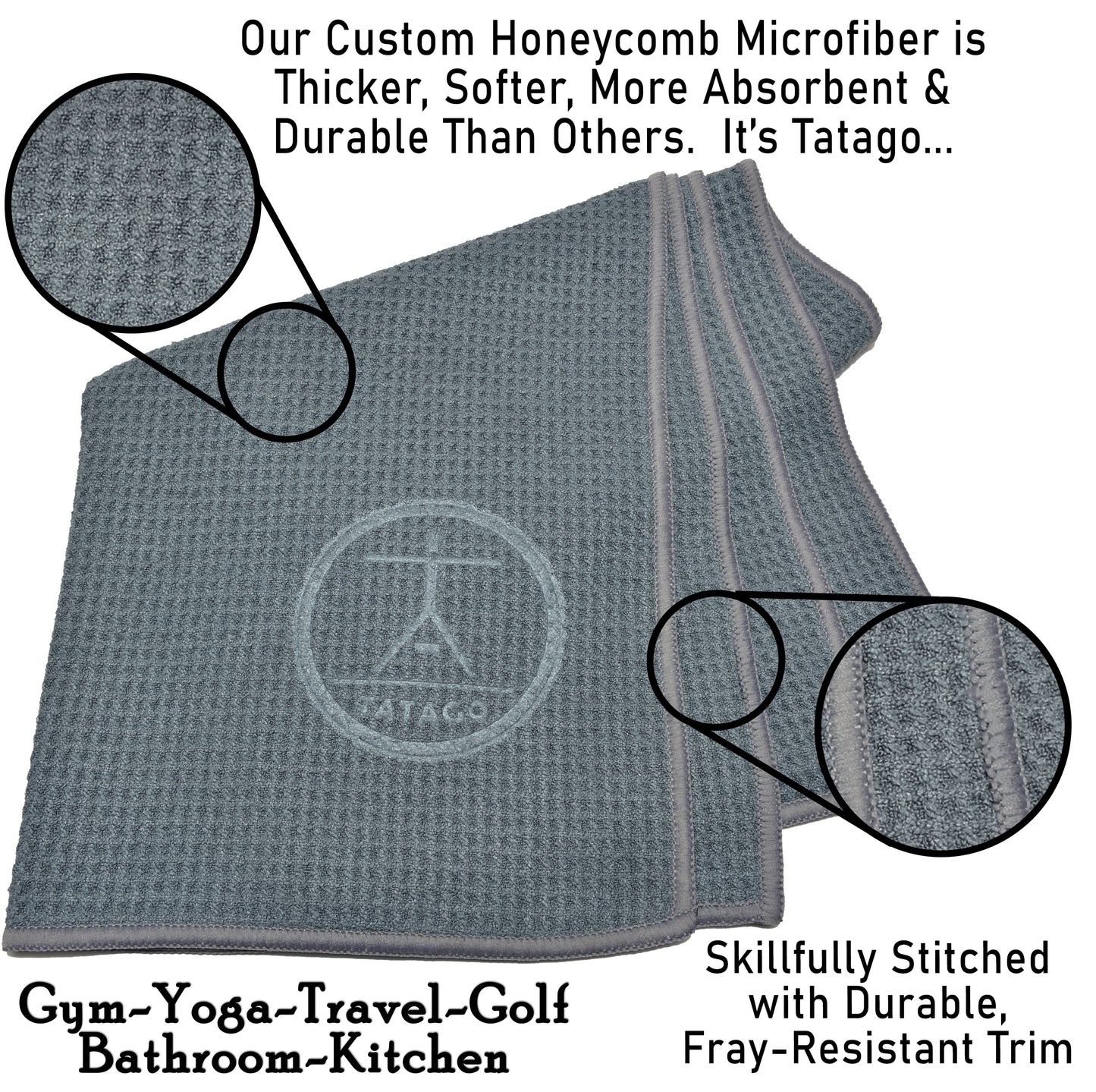 Gray gym towel for sweat with Tatago logo and text highlighting features