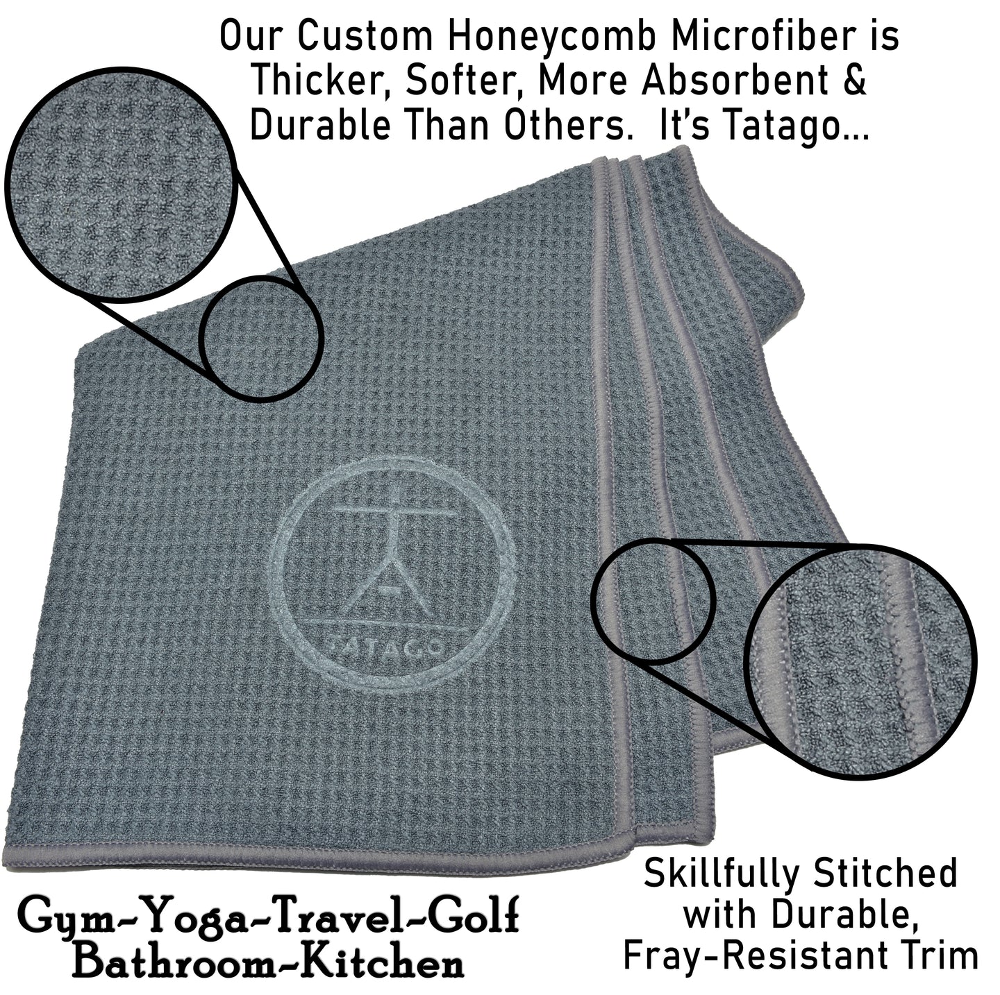 Gray gym towel for sweat with Tatago logo and text highlighting features