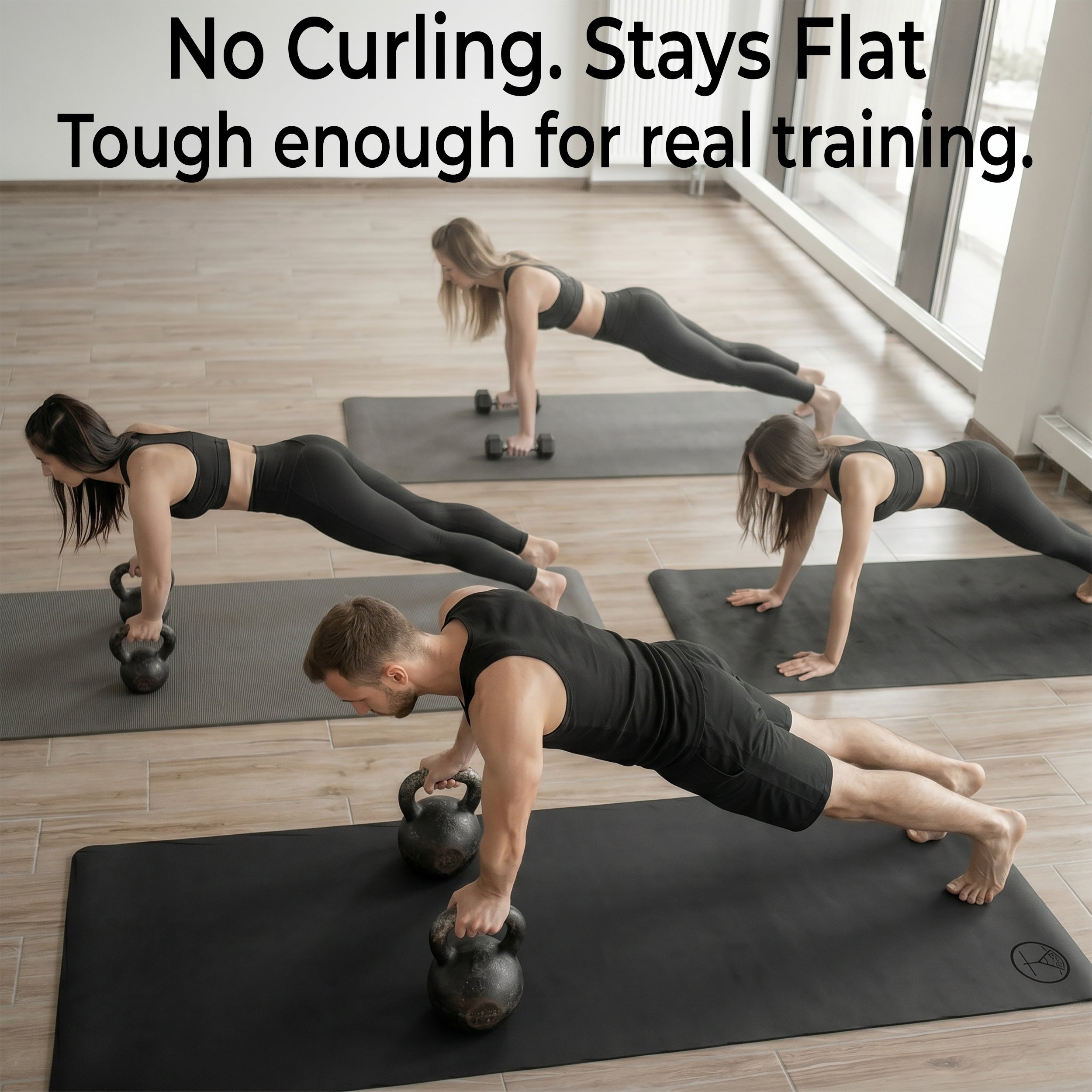 Rubber yoga mats used during a Bikram class with weight training to show durability - Black