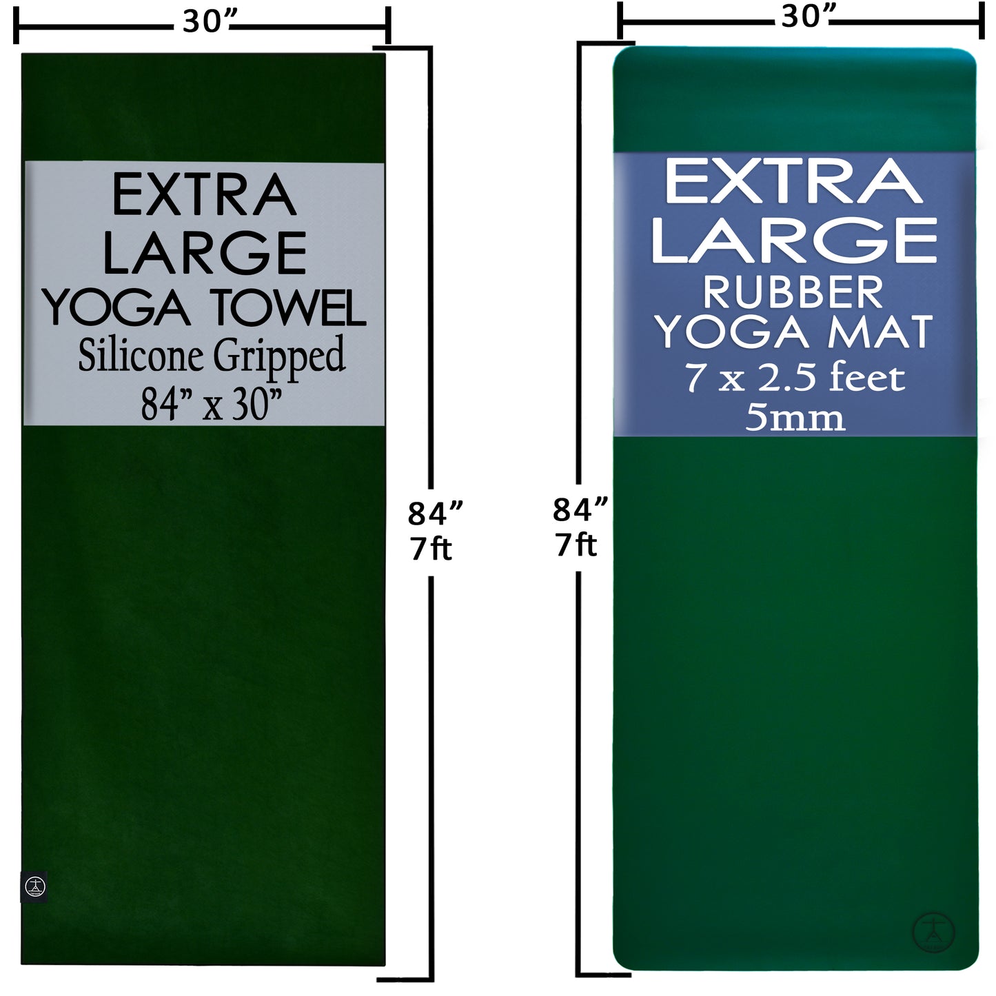 84-inch extra-large yoga mat and matching grippy yoga towel shown side-by-side; XL natural rubber mat and hot yoga towel size dimensions.