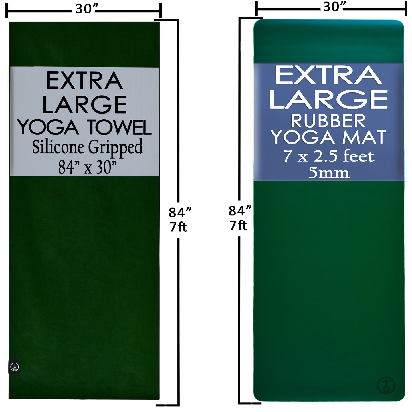 84-inch extra-large yoga mat and matching grippy yoga towel shown side-by-side; XL natural rubber mat and hot yoga towel size dimensions.