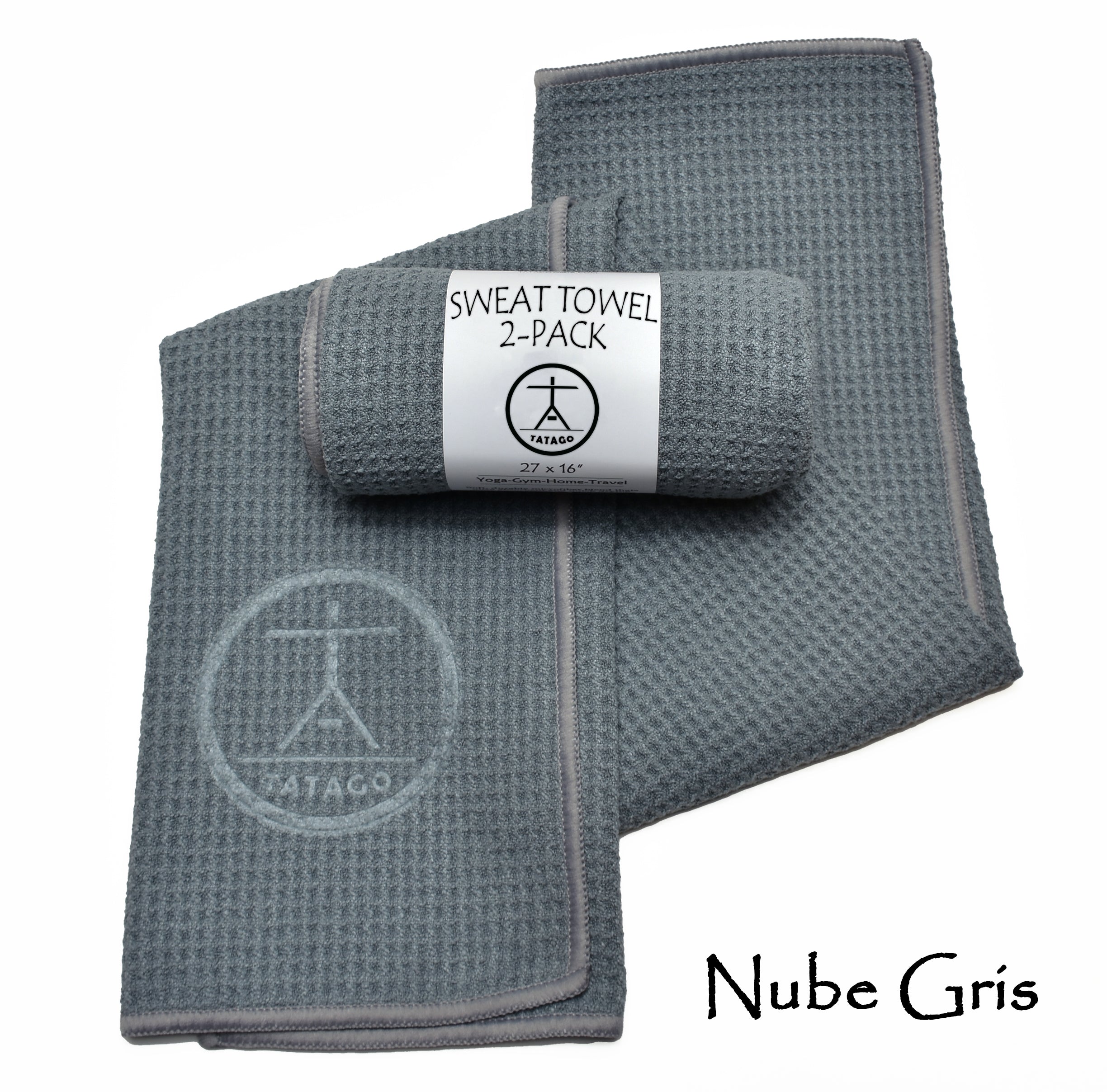 Tatago gray microfiber sweat towel two-pack displayed neatly, ultra-absorbent quick-dry towels for hot yoga, Pilates, and fitness training.