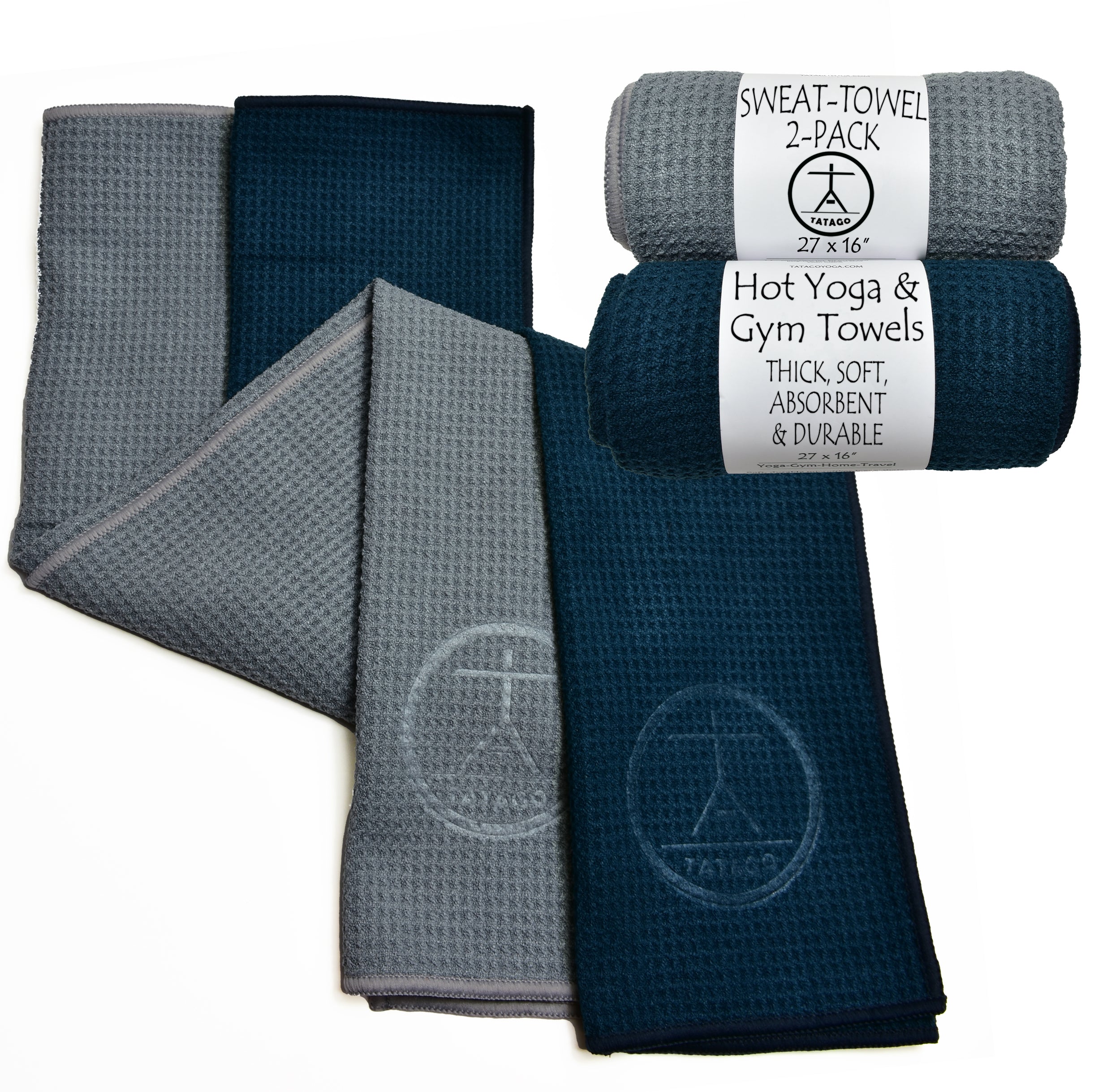 Tatago microfiber sweat towel set with one blue and one gray towel, soft quick-dry towels perfect for hot yoga, sweaty workouts, and daily training.