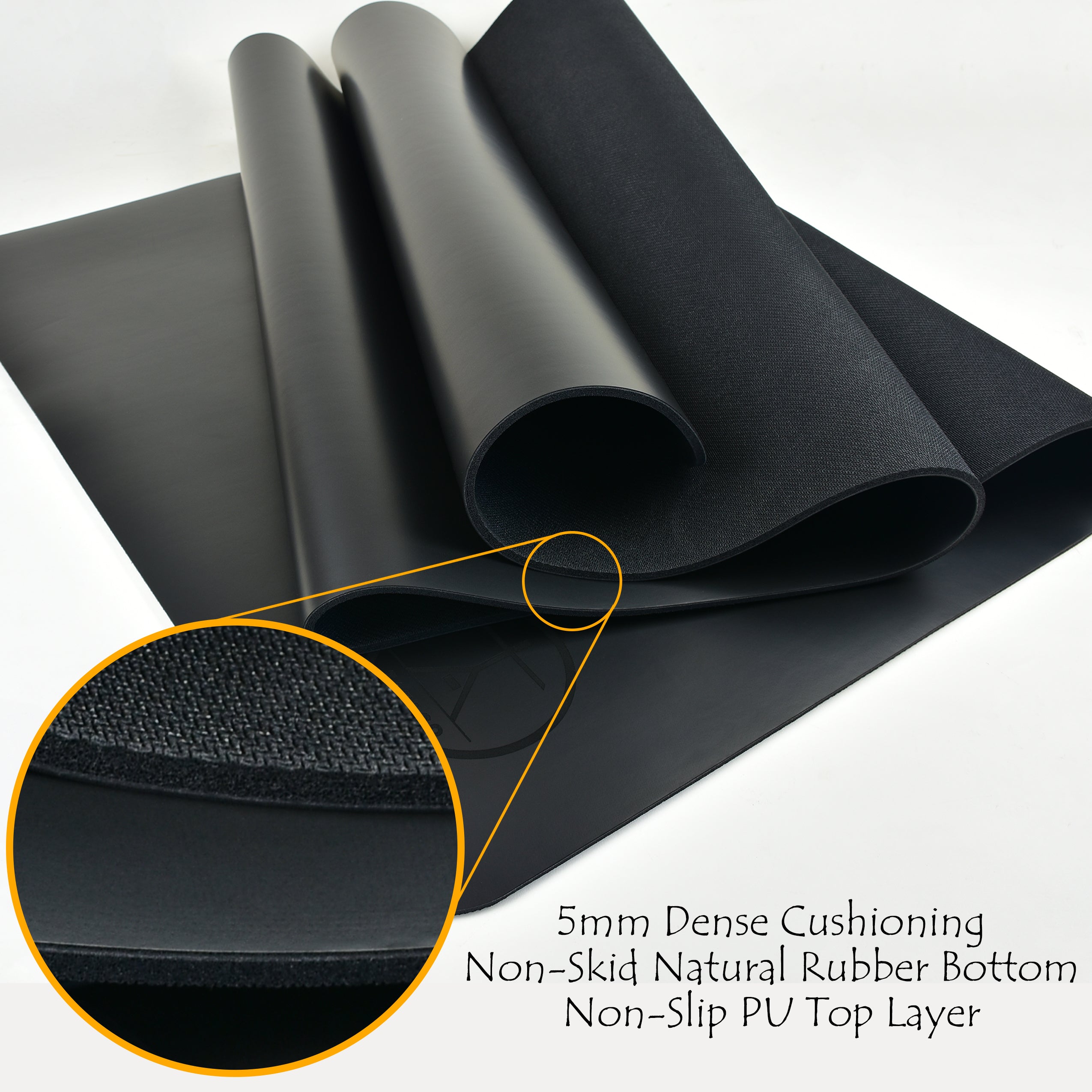 Wide 5mm PU yoga mat with non-skid natural rubber base for large hot yoga sessions.