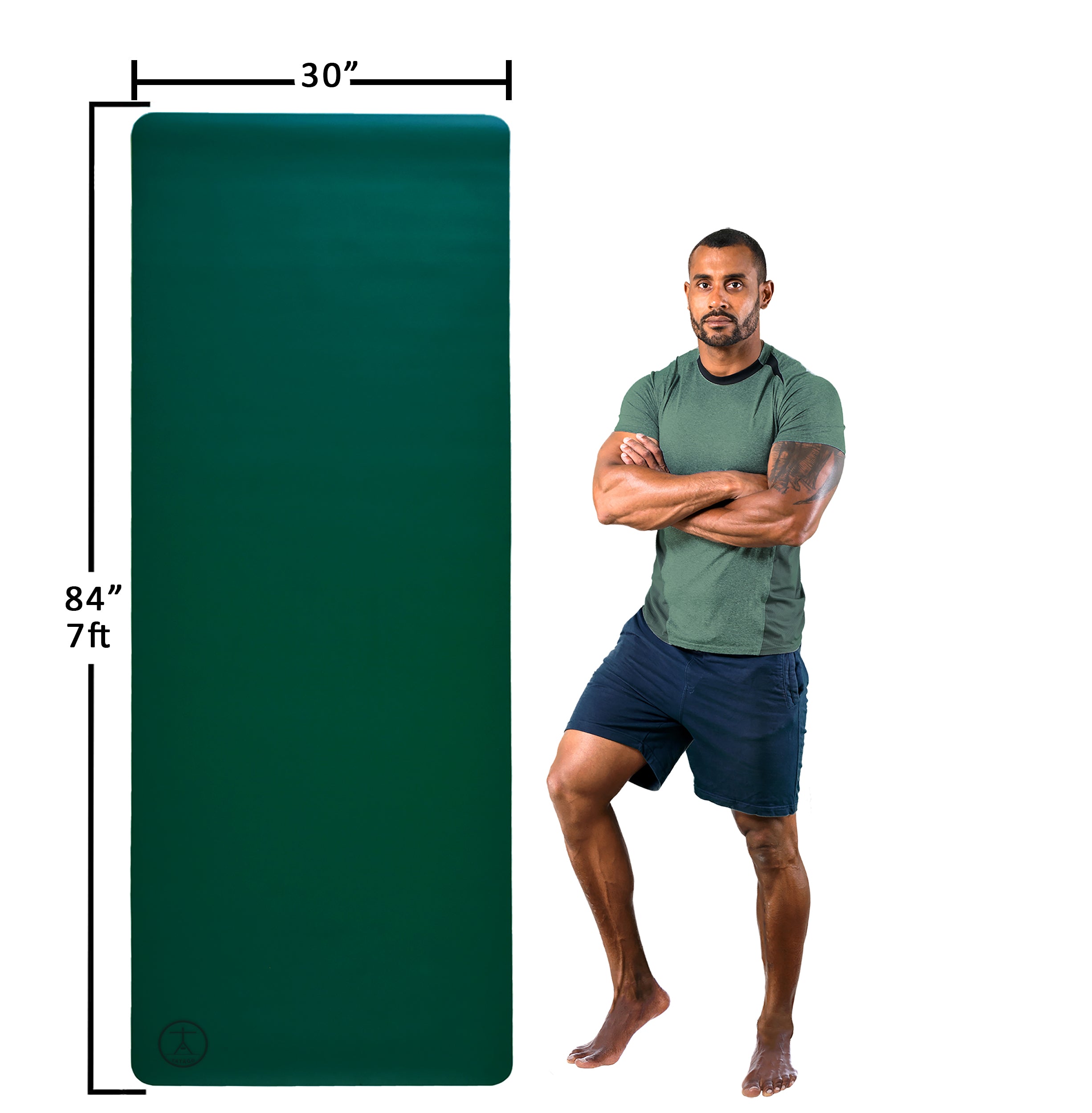 Extra-long yoga mat shown with height reference for tall people - Green