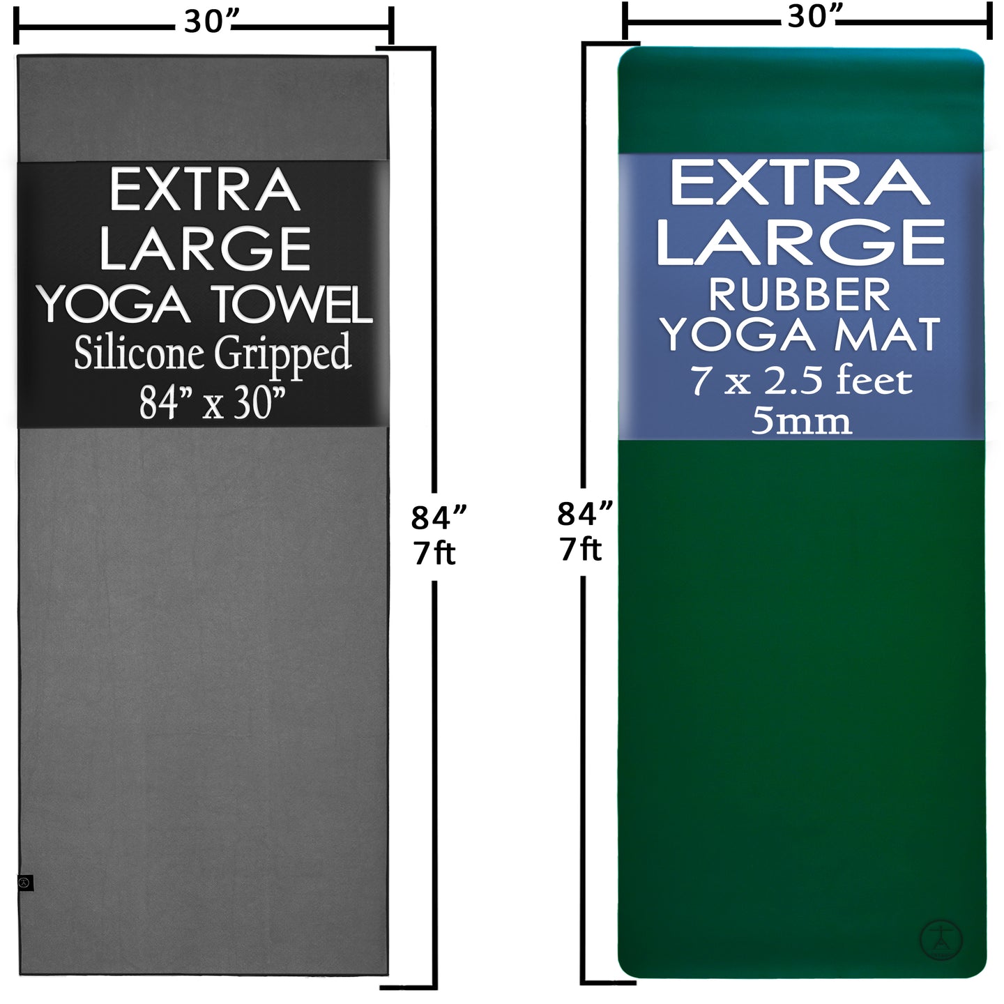 XL green rubber yoga mat and gray silicone-grip hot yoga towel shown side by side with 84 x 30 inch size measurements