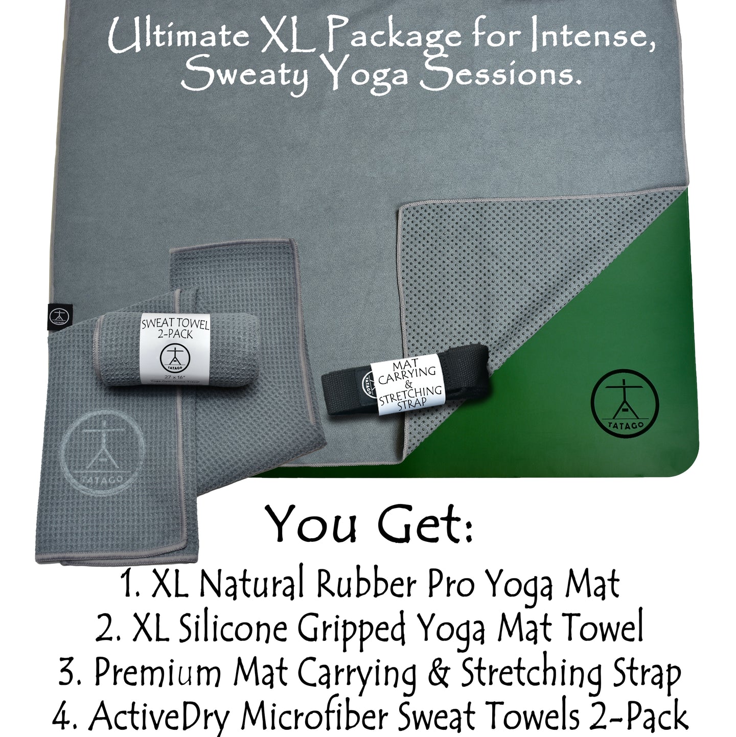 Extra large green yoga mat with grey silicone grip towel, sweat towels, and carrying strap displayed together for hot yoga practice