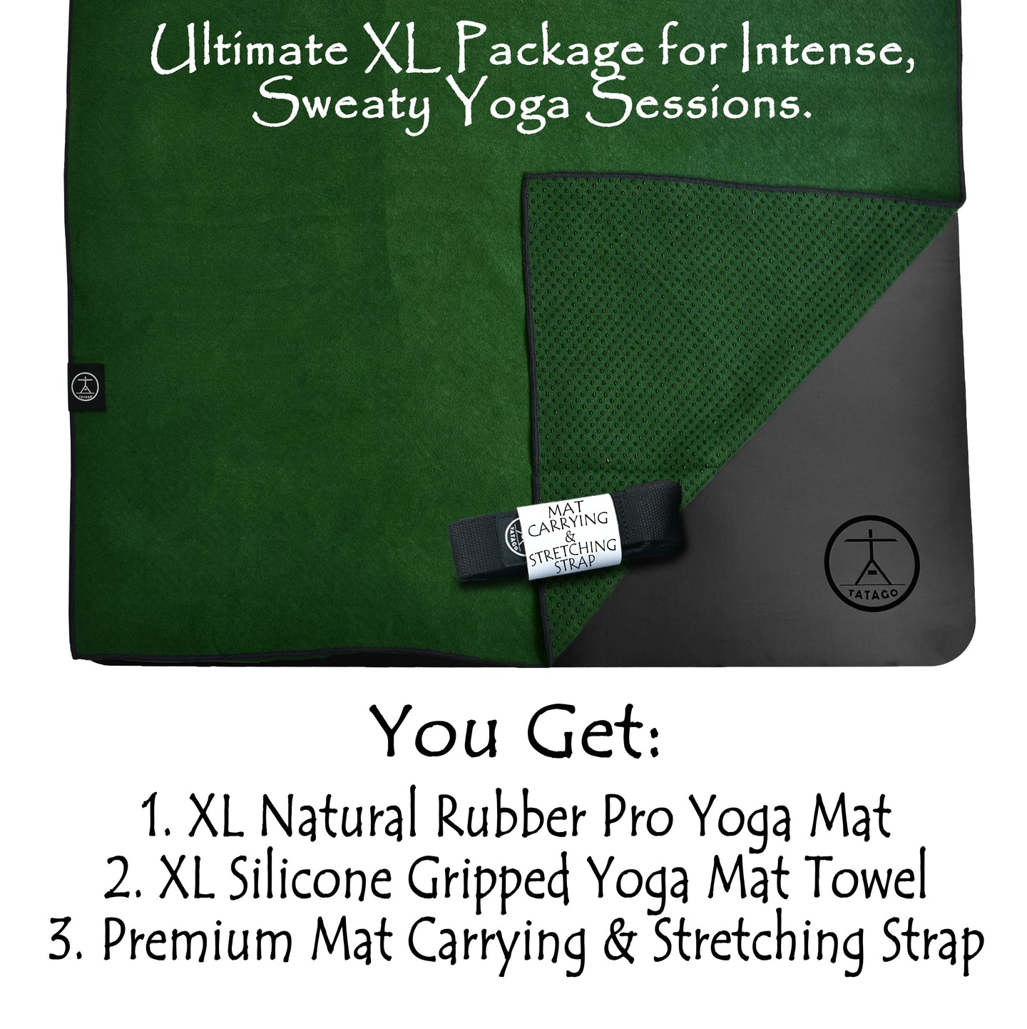 Extra large natural rubber yoga mat with green silicone grip hot yoga towel and strap bundle ideal for hot yoga Pilates Bikram and sweaty studio sessions