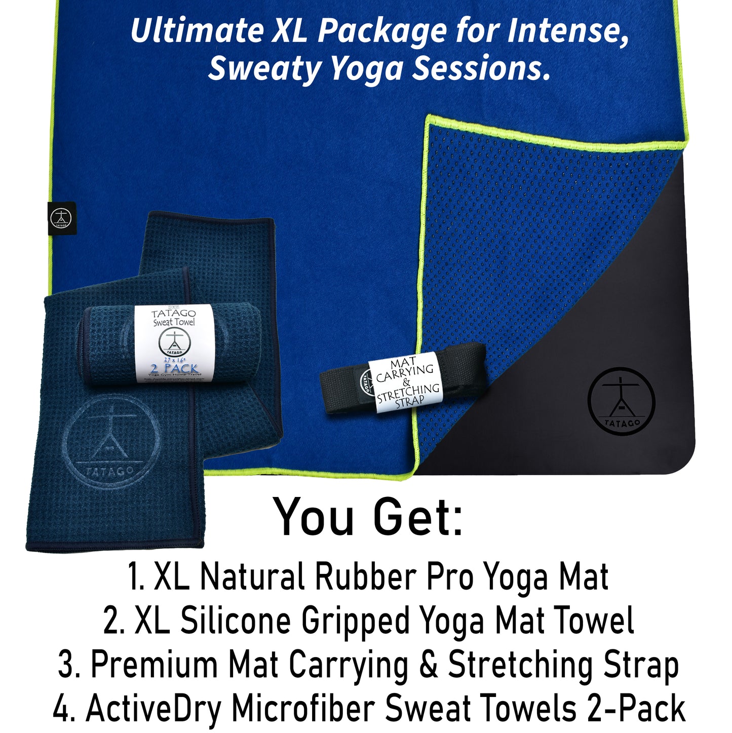 Extra large hot yoga mat with blue silicone grip yoga towel, sweat towels, and yoga strap bundle displayed for hot yoga and Pilates practice