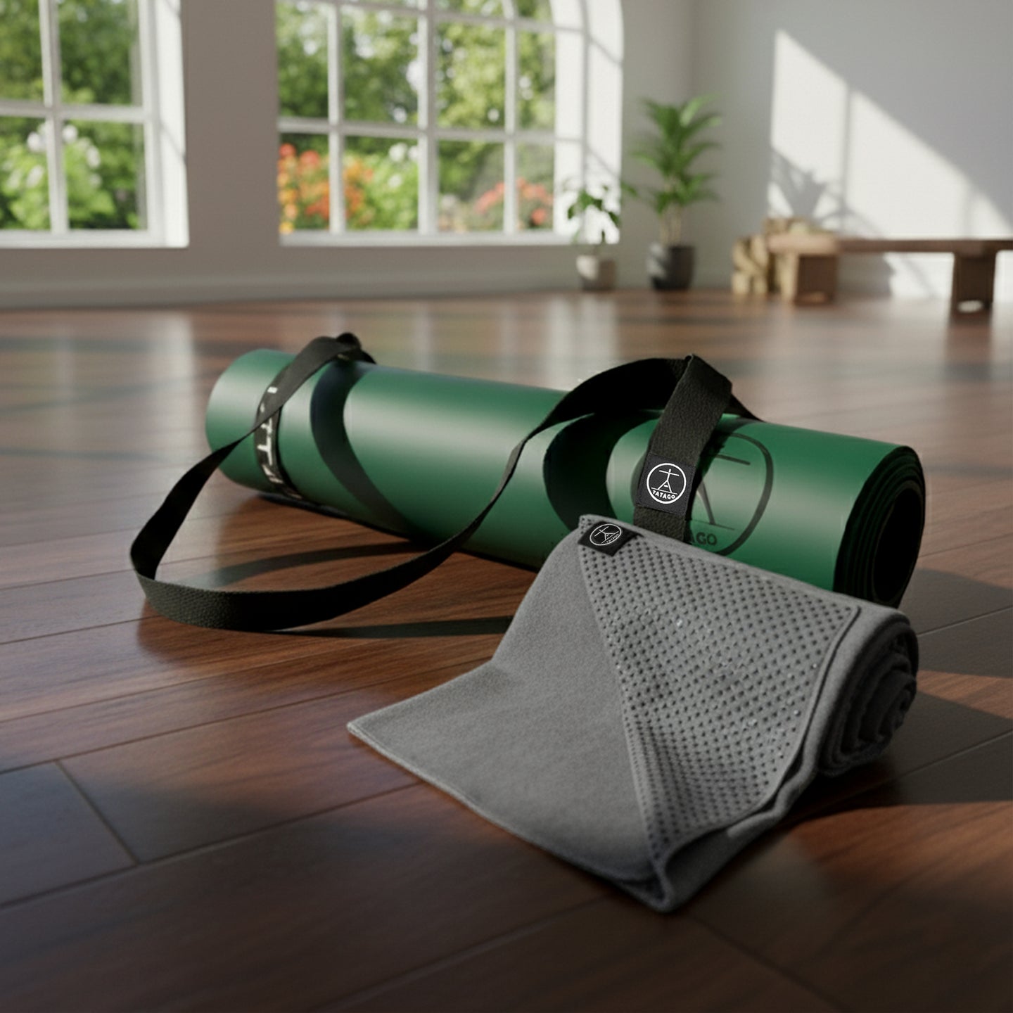 Extra large green natural rubber yoga mat with yoga towel and carry strap