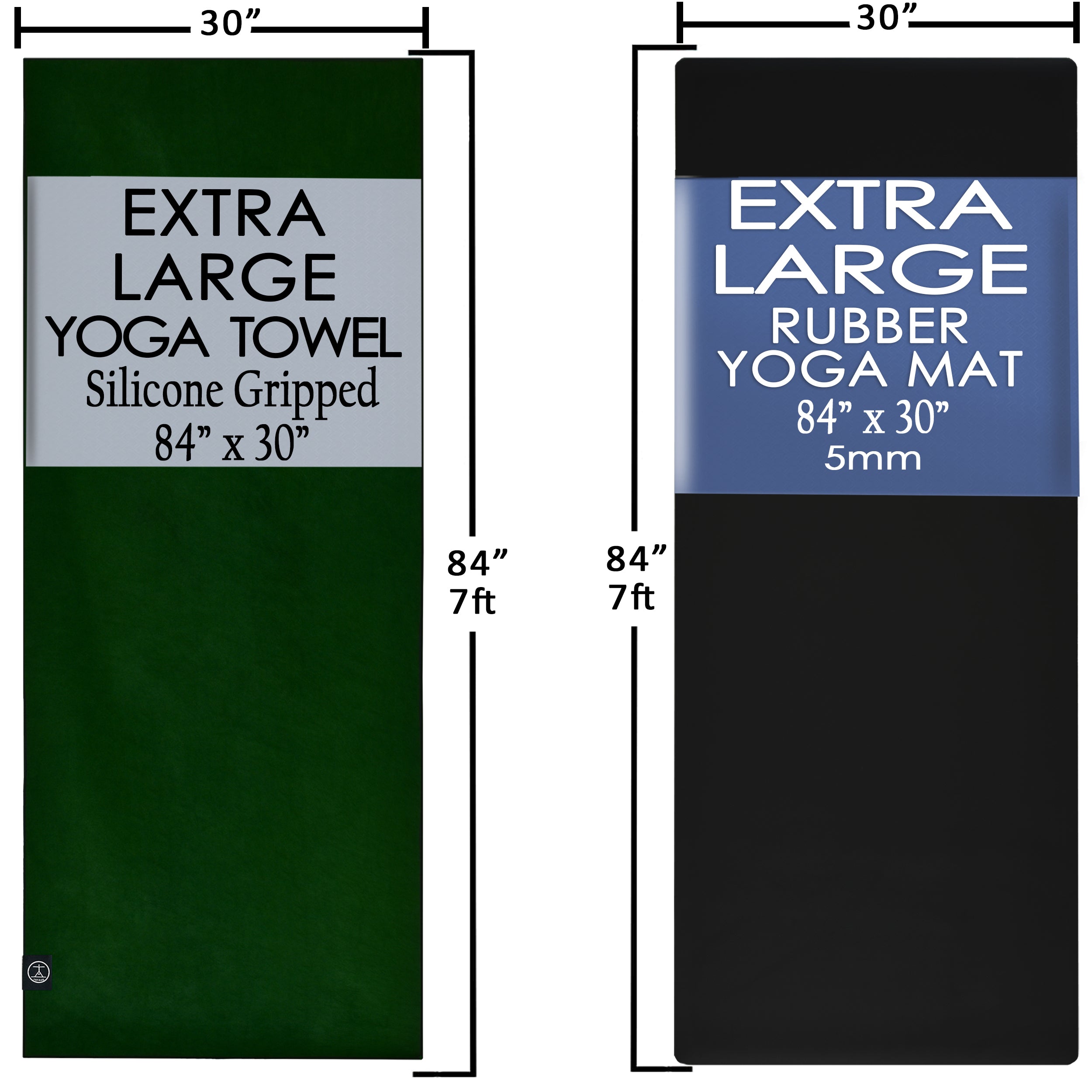 Comparison of an extra large yoga towel and rubber yoga mat with dimensions labeled.