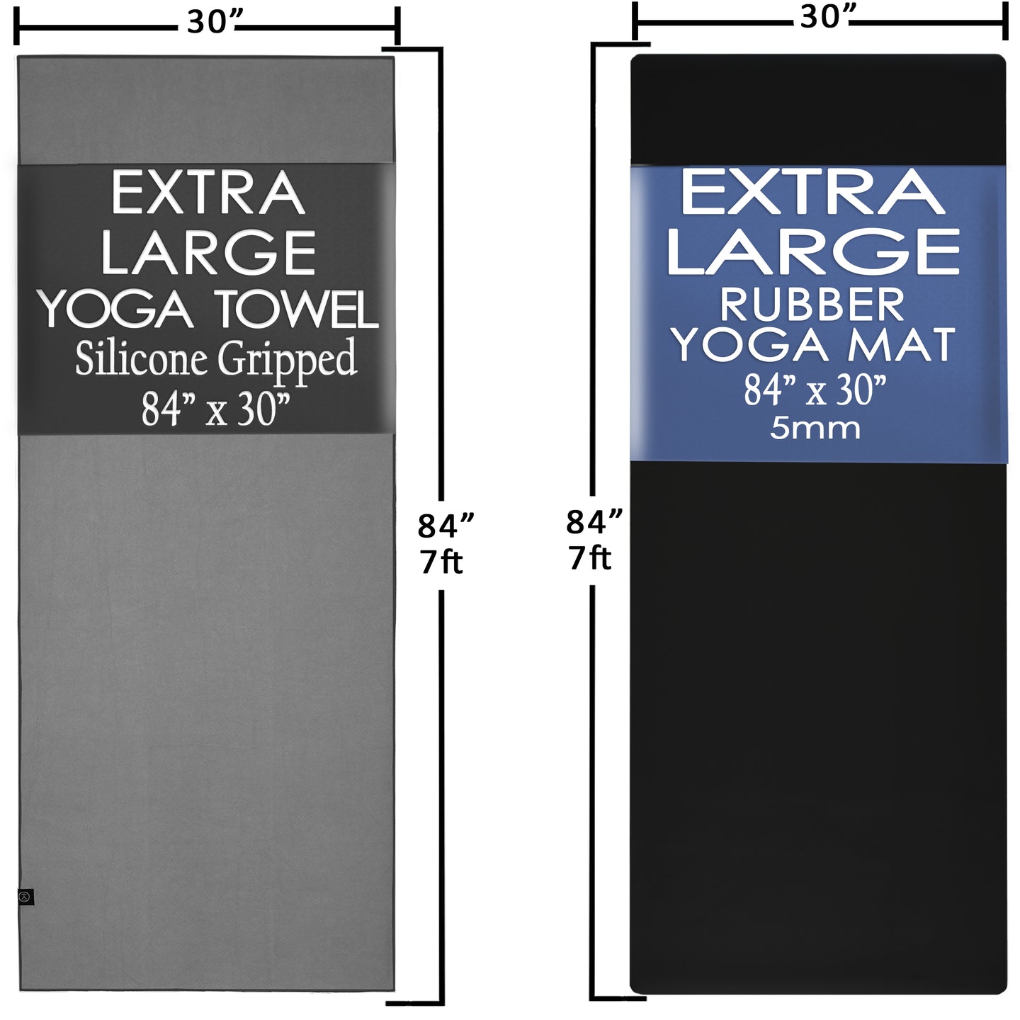 Dimensions of an extra large yoga towel and rubber yoga mat on a white background