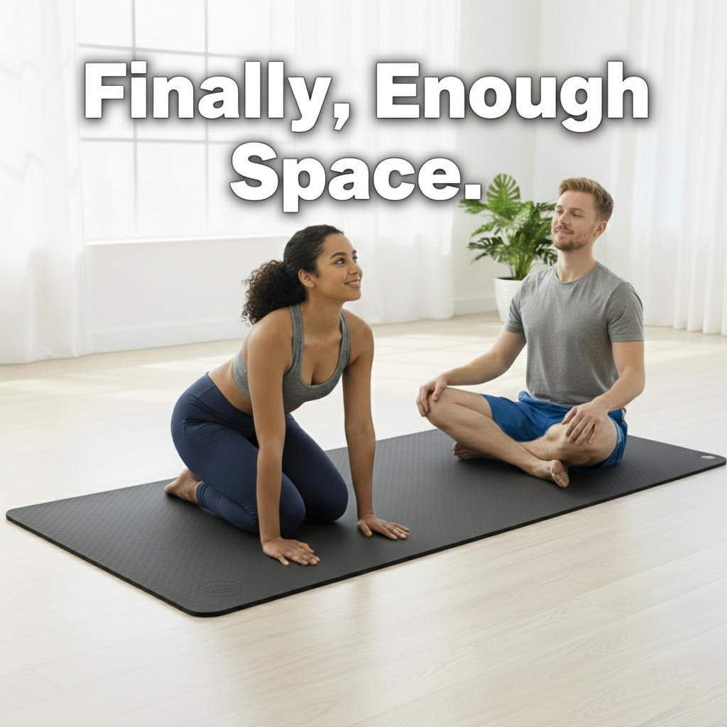 Two people using an extra large yoga mat for stretching at home