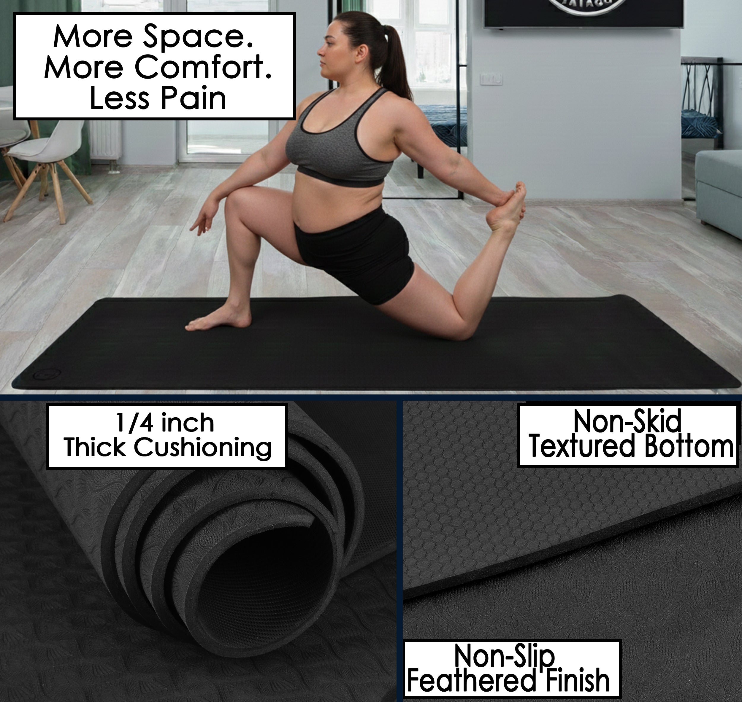 Woman stretching on an extra large yoga mat with thick cushioning