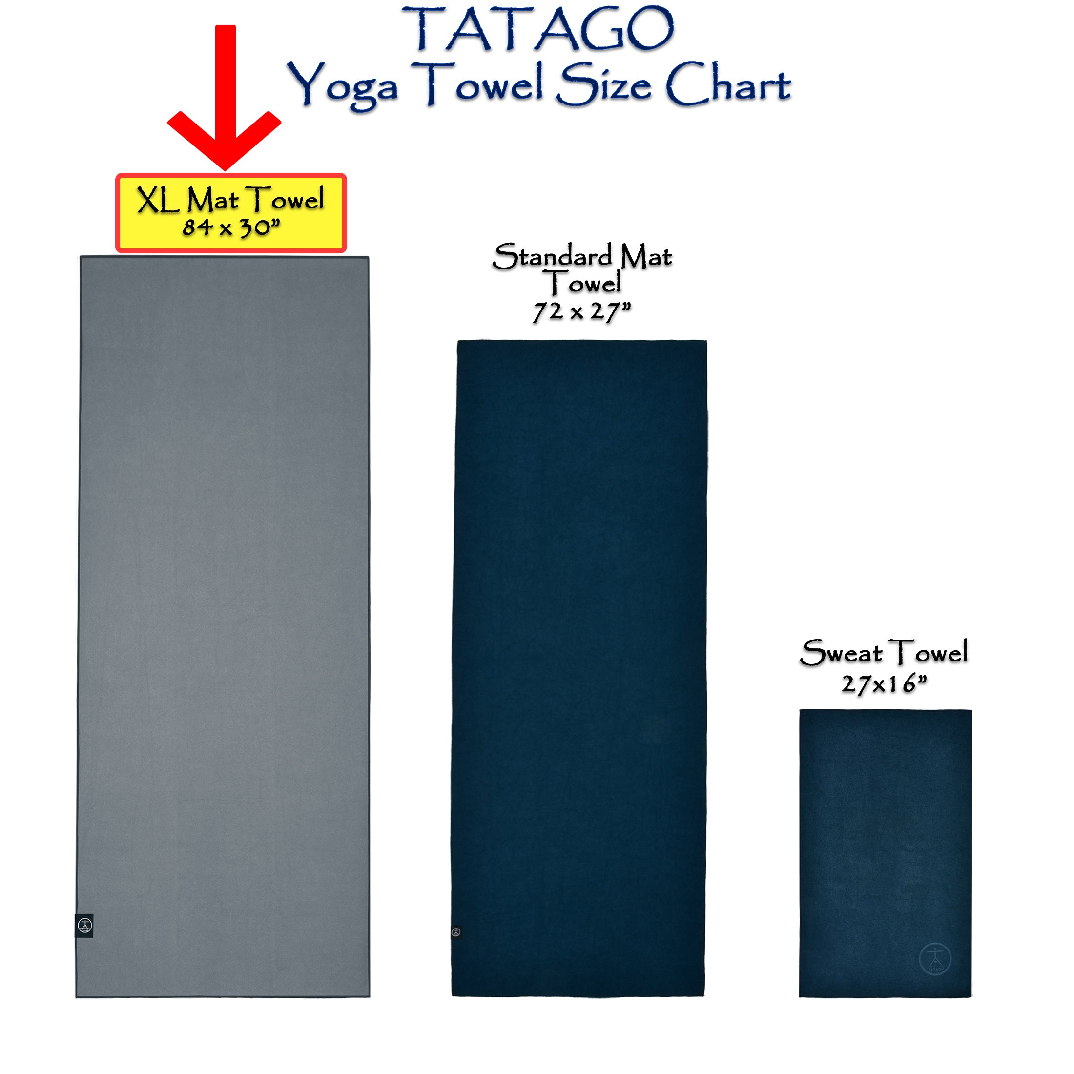 Yoga towel size chart showing extra large 84 x 30 inch mat towel comparison - Storm Gray