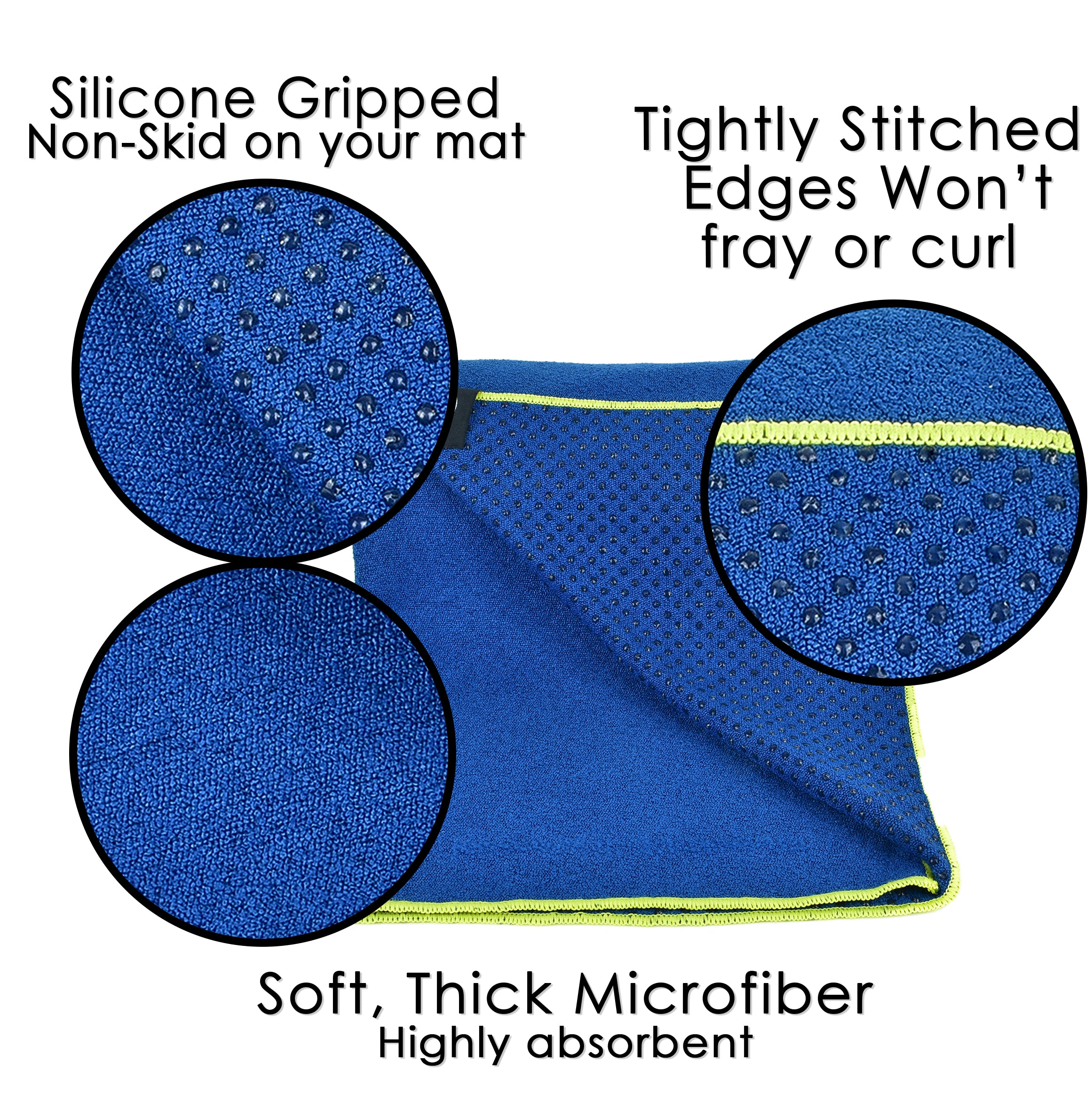 Long yoga towel with grip showing non-slip silicone backing - Cobalt Blue