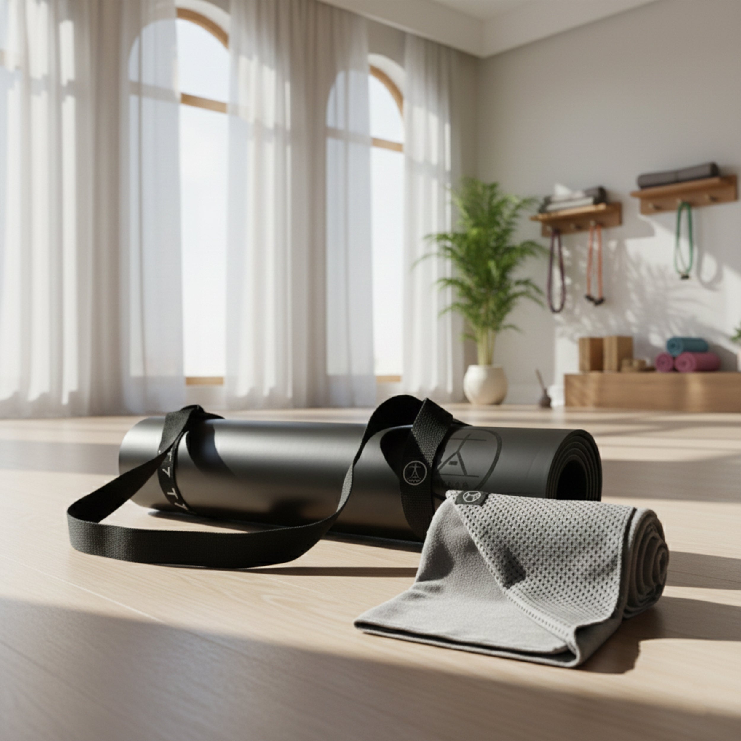 Extra large yoga mat and towel with yoga carrying strap on a wood floor studio