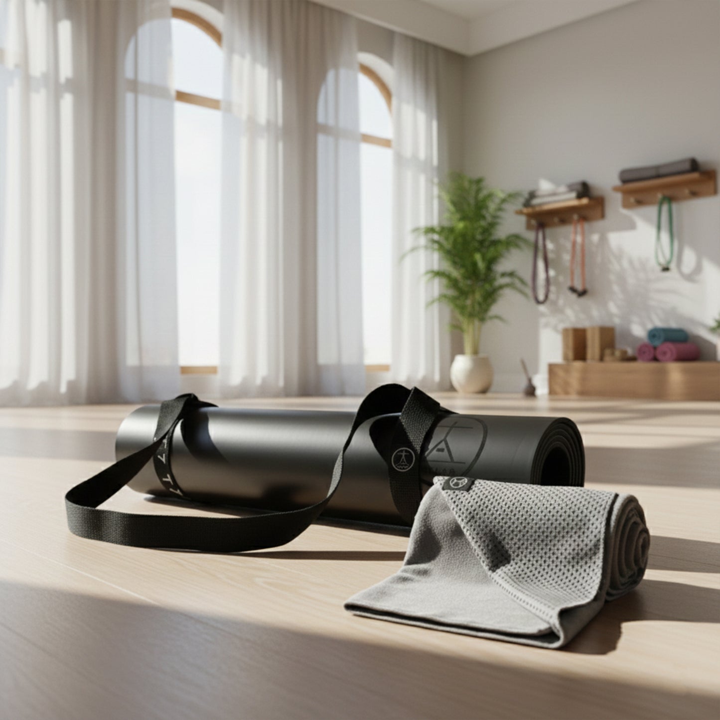 Extra large yoga mat and towel with yoga carrying strap on a wood floor studio