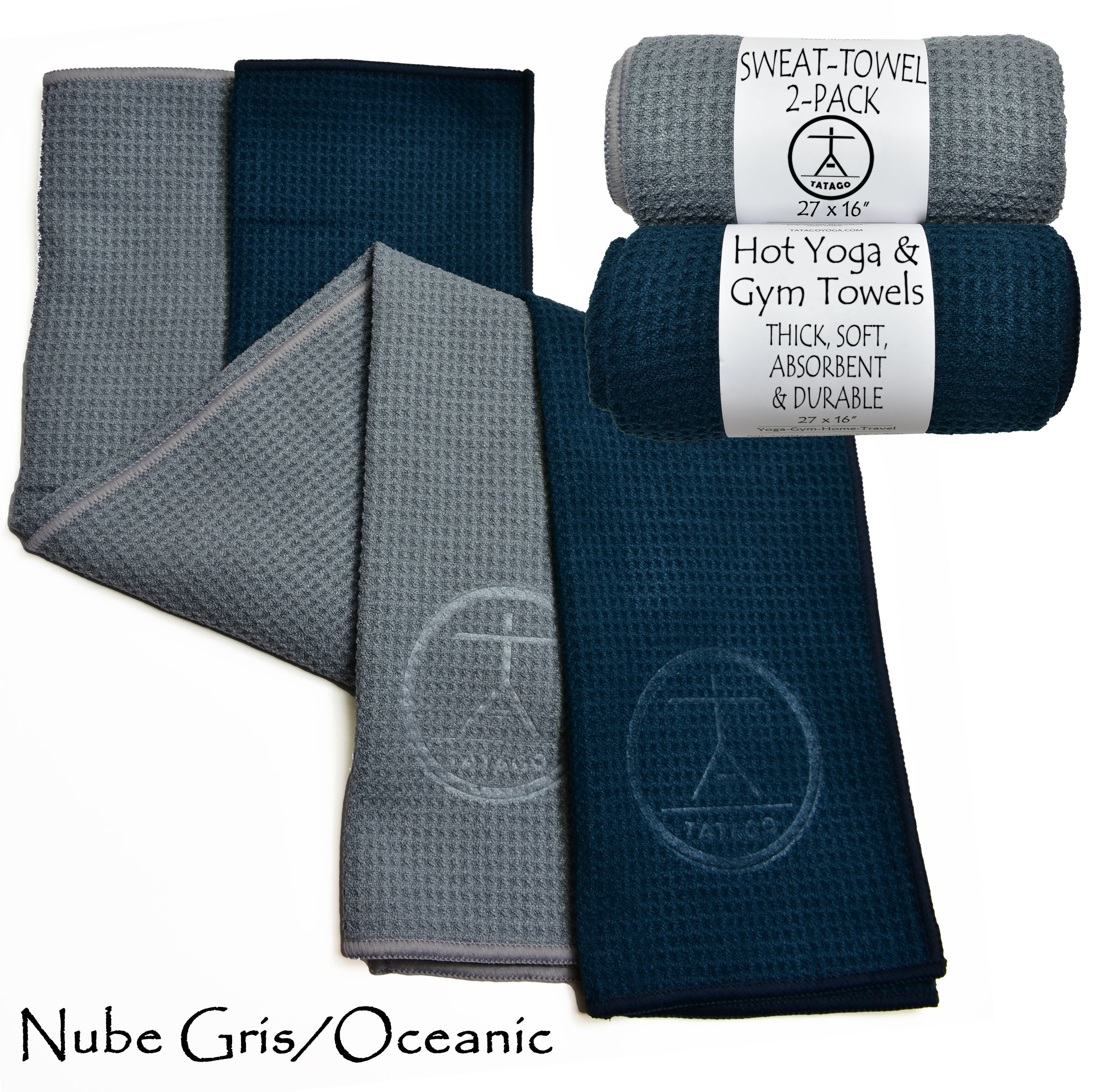 Two gray microfiber fitness towels for sweat with a waffle texture, indicating the product is a 2-pack set for hot yoga and gym use.
