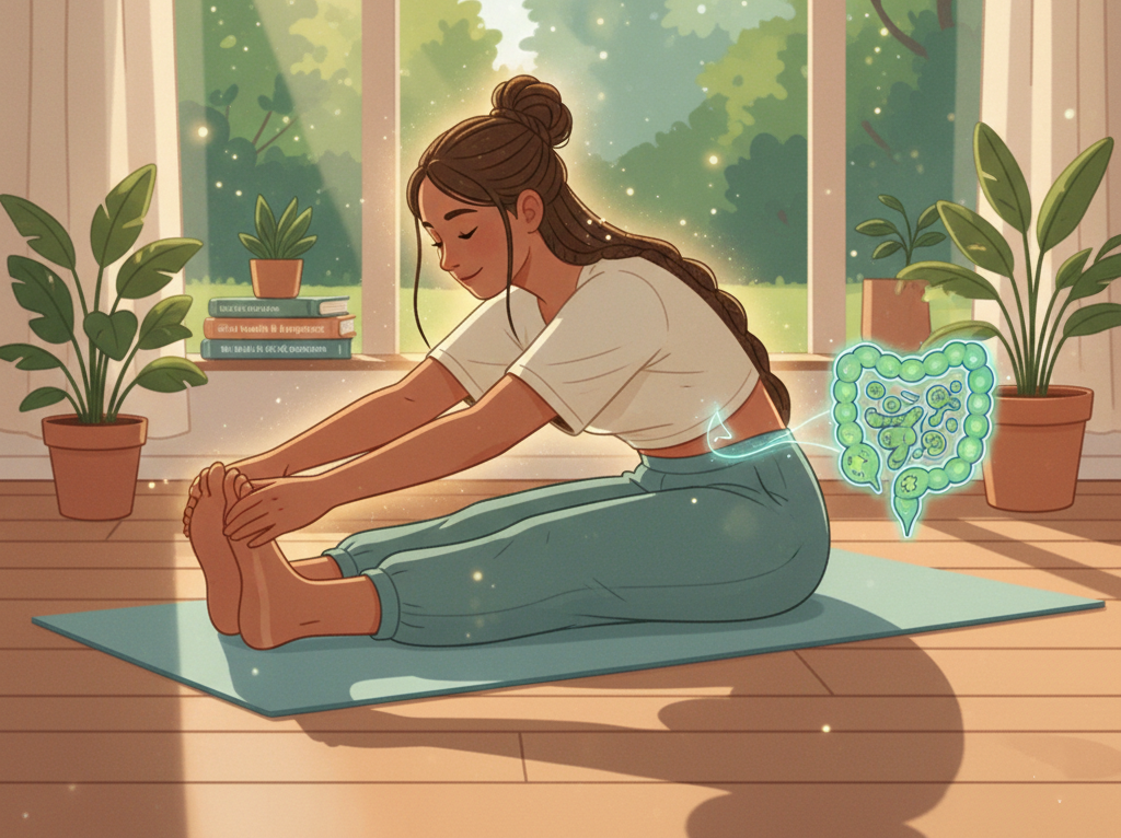 Woman stretching on an extra large yoga mat for gut health