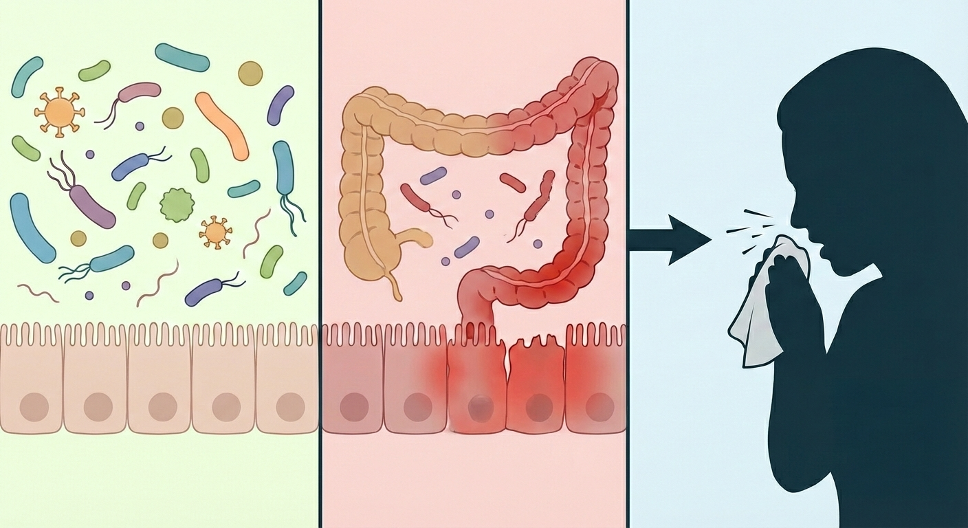 Gut bacteria imbalance leading to inflammation and illness.