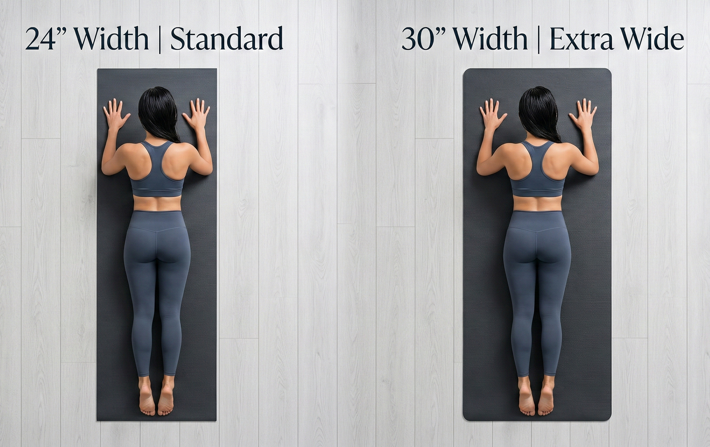 24 inch vs 30 inch yoga mat width comparison showing extra arm space on wider mat
