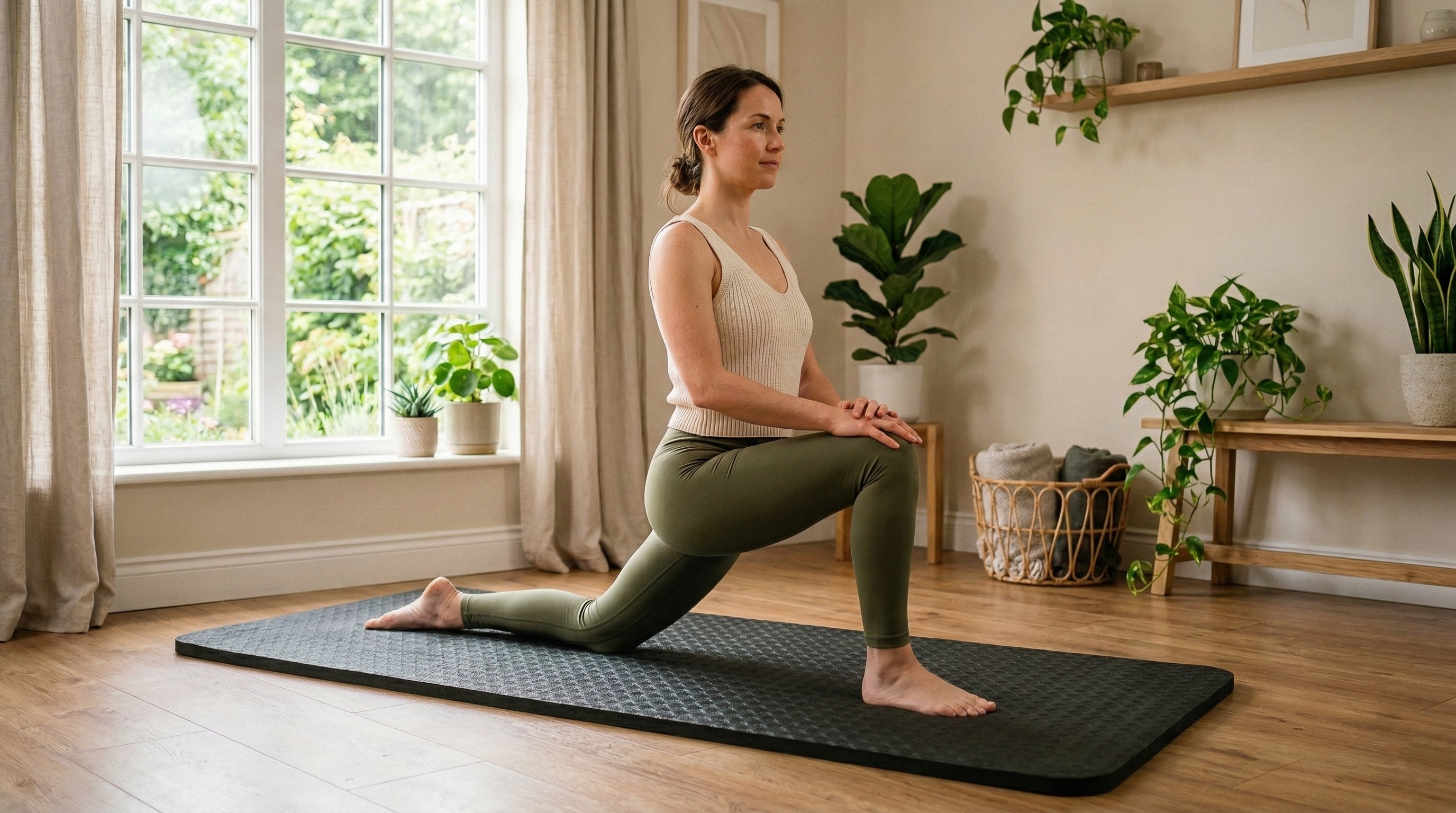lady in lunge pose on a extra thick yoga mat in a home setting