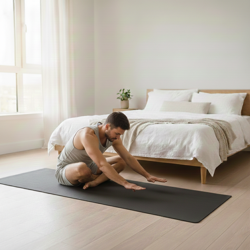 A man stretching on an xl yoga mat in his bedroom for back pain relief