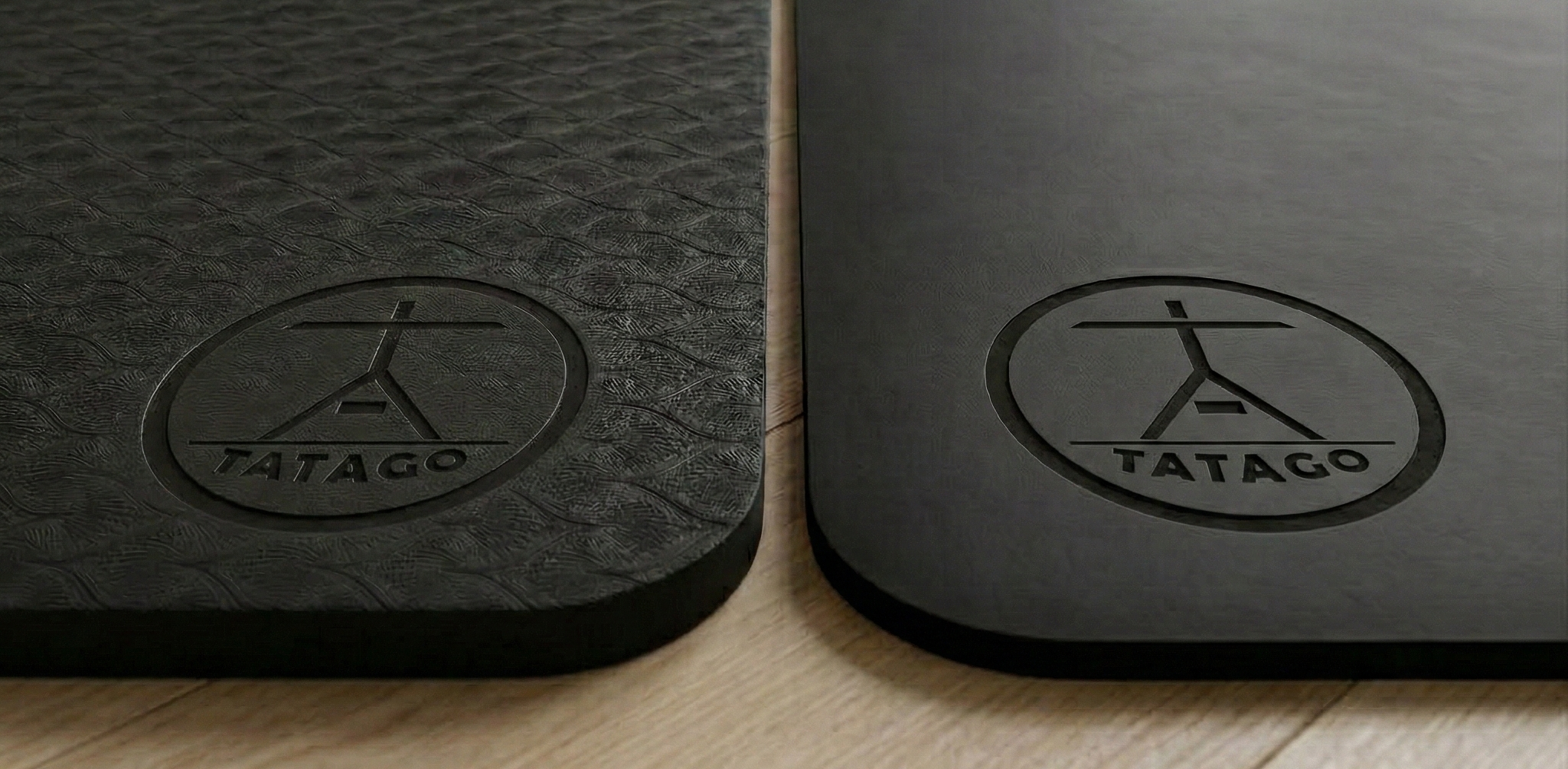 Close up of Tatago thick yoga mat and natural rubber yoga mat comparison