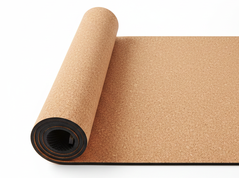 Natural cork yoga mat rolled up with natural rubber bottom