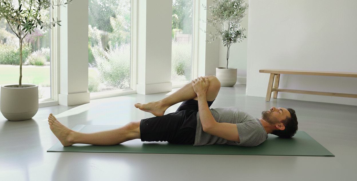 a yoga mat for tall people with a man stretching in his home