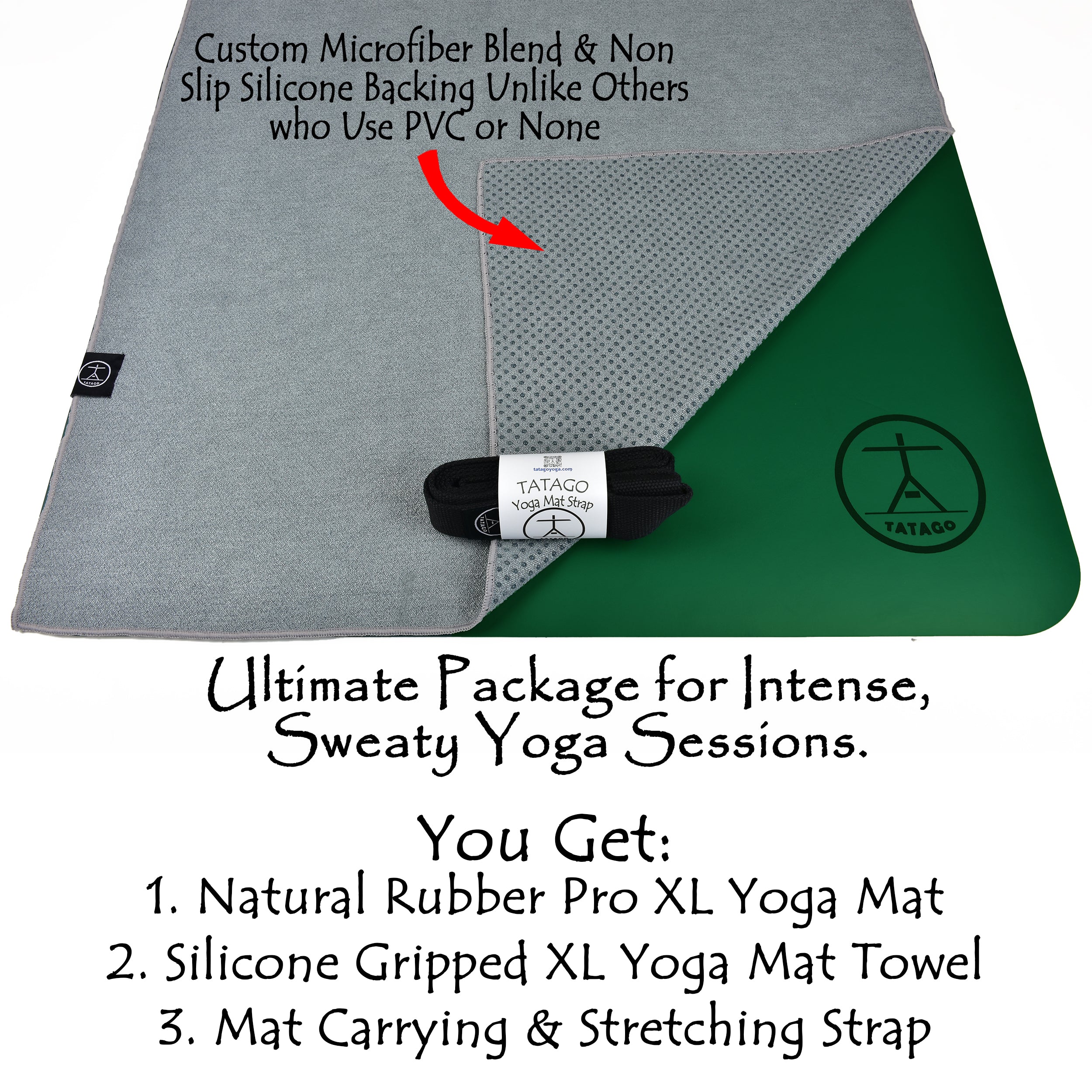Extra large green natural rubber yoga mat with gray silicone grip towel and black carry strap for hot yoga and Pilates