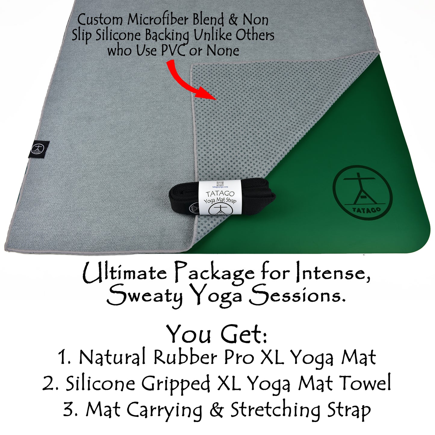 Extra large green natural rubber yoga mat with gray silicone grip towel and black carry strap for hot yoga and Pilates